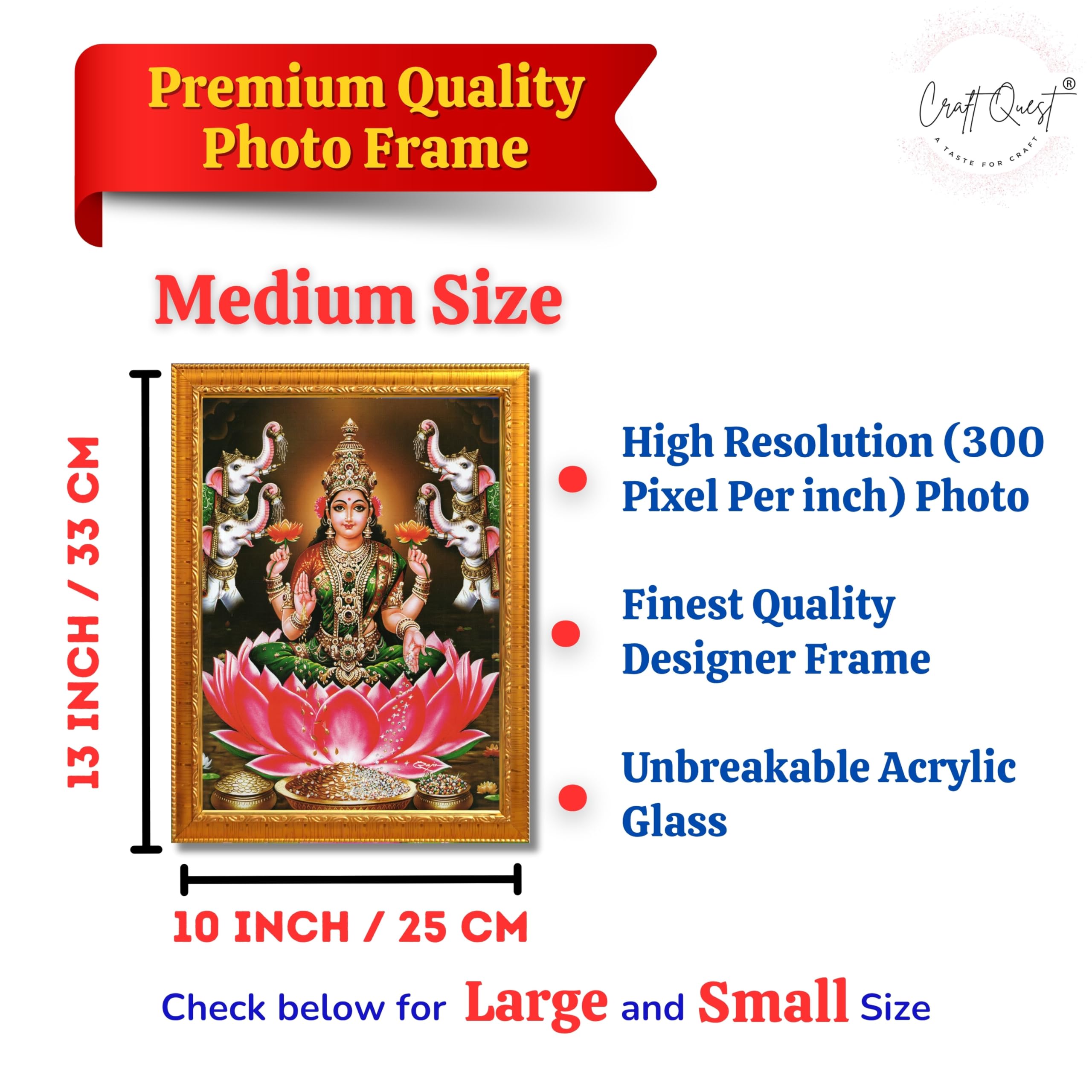 CRAFT QUEST Goddess Lakshmi Devi Vaibhav Laxmi Maa Wall Painting Photo Framed | Ideal for Home, Office, Temple & Puja Room, Wall Decor