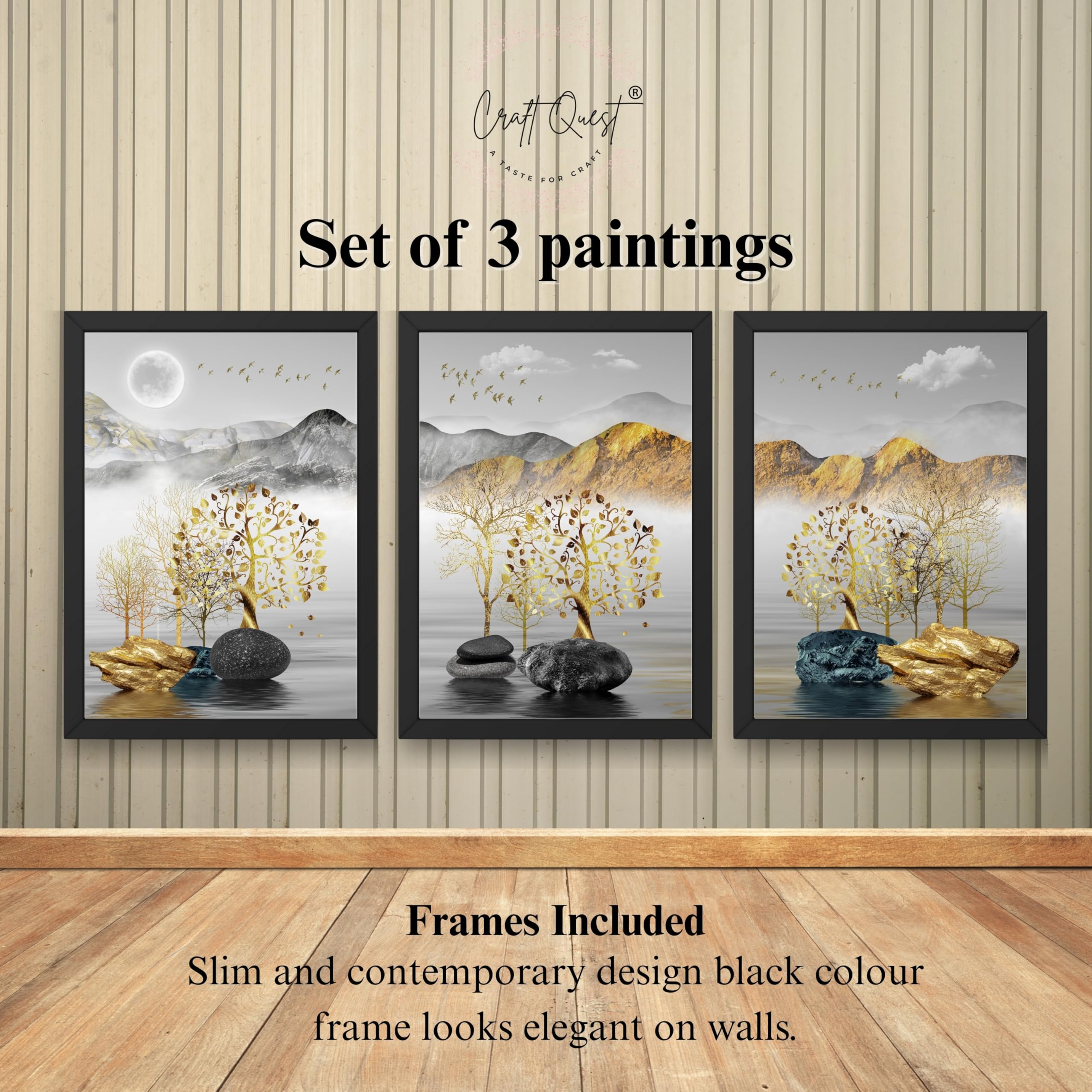 CRAFT QUEST Modern Art Landscape Golden Tree,Birds & Mountains Wall Art | Set of 3 Frames for Home Decoration | Ideal for Living Room, Bedroom & Offices