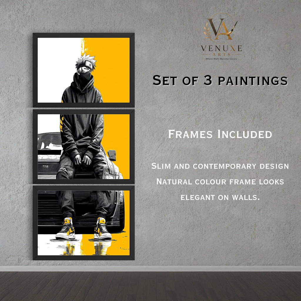 VENUXE ARTS Set Of 3 Anime Characters Wall Framed |Anime Characters Framed Poster for Living Room Bedroom Gaming Room Studio Wall Decor