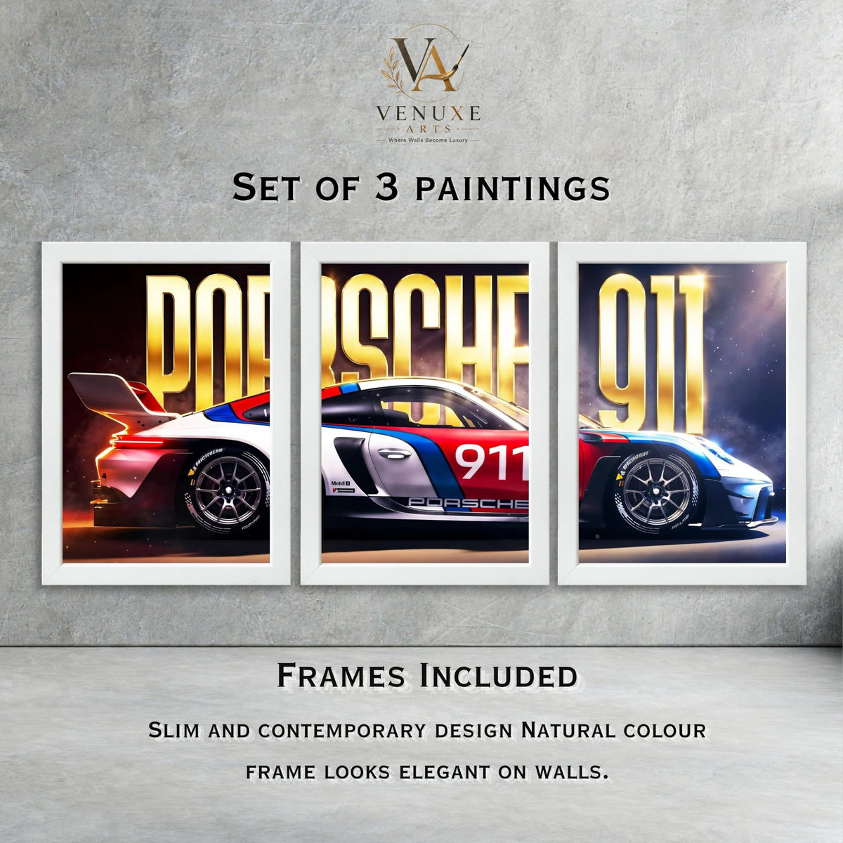 VENUXE ARTS Set Of 3 Big Sports Cars Framed Posters Gift Items for Boys Room Wall Decoration Bedroom Living Room Office Studio Décor | Car Poster Frame for Wall Décor