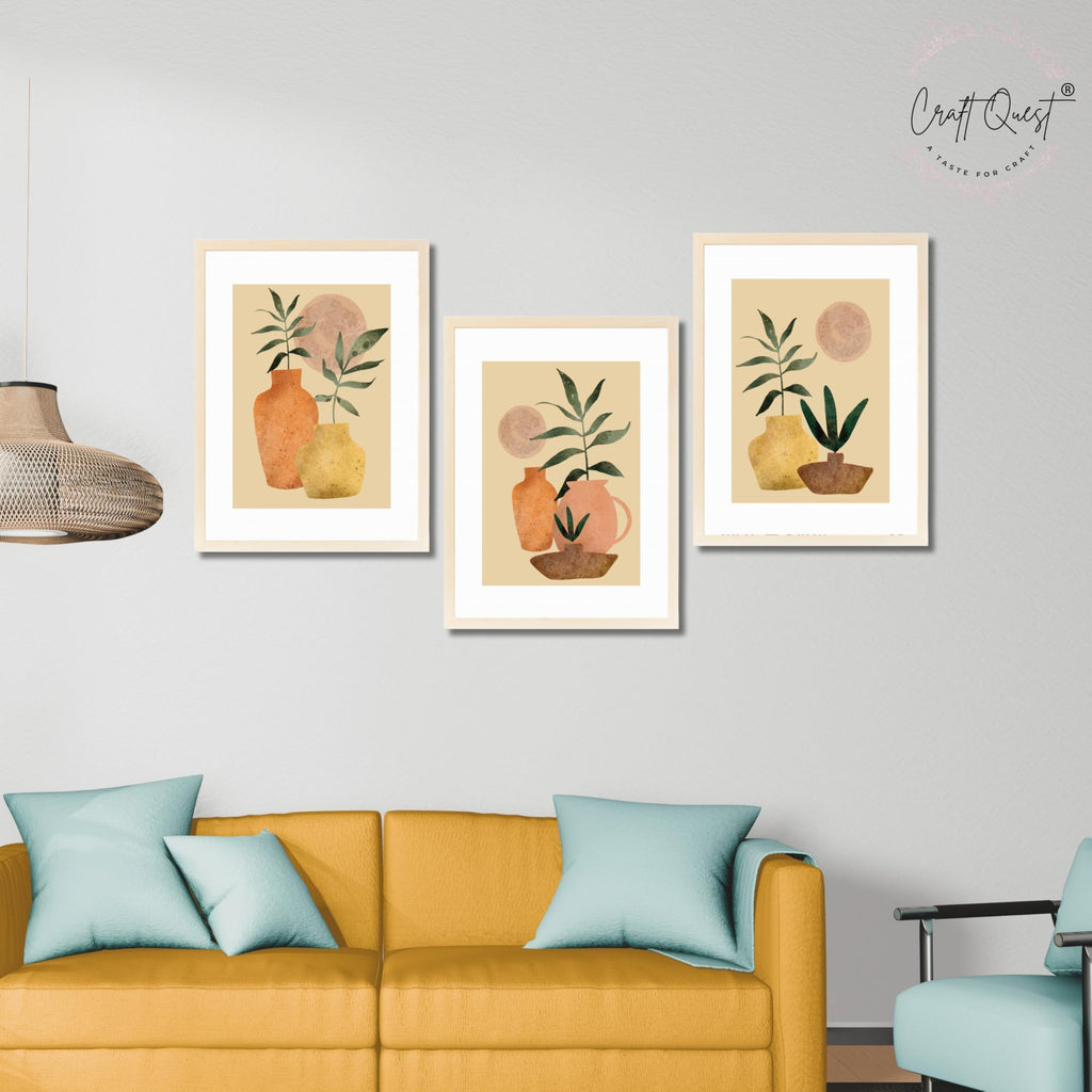 CRAFT QUEST Wall Art Decor Paintings | Set of 3 BOHO Wall Art Frames for Home Decoration | Ideal for Living Room, Bedroom & Office