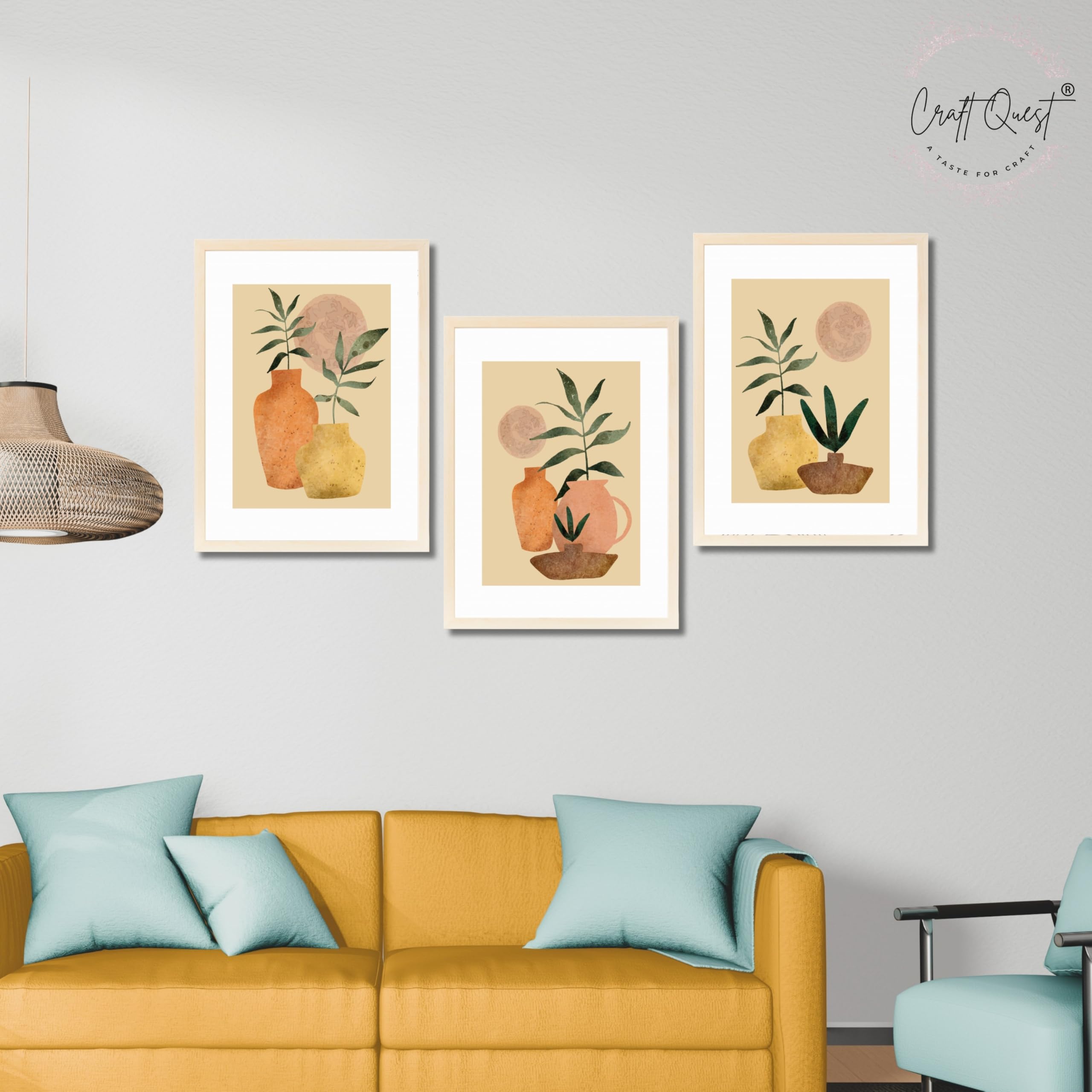 CRAFT QUEST Wall Art Decor Paintings | Set of 3 BOHO Wall Art Frames for Home Decoration | Ideal for Living Room, Bedroom & Office