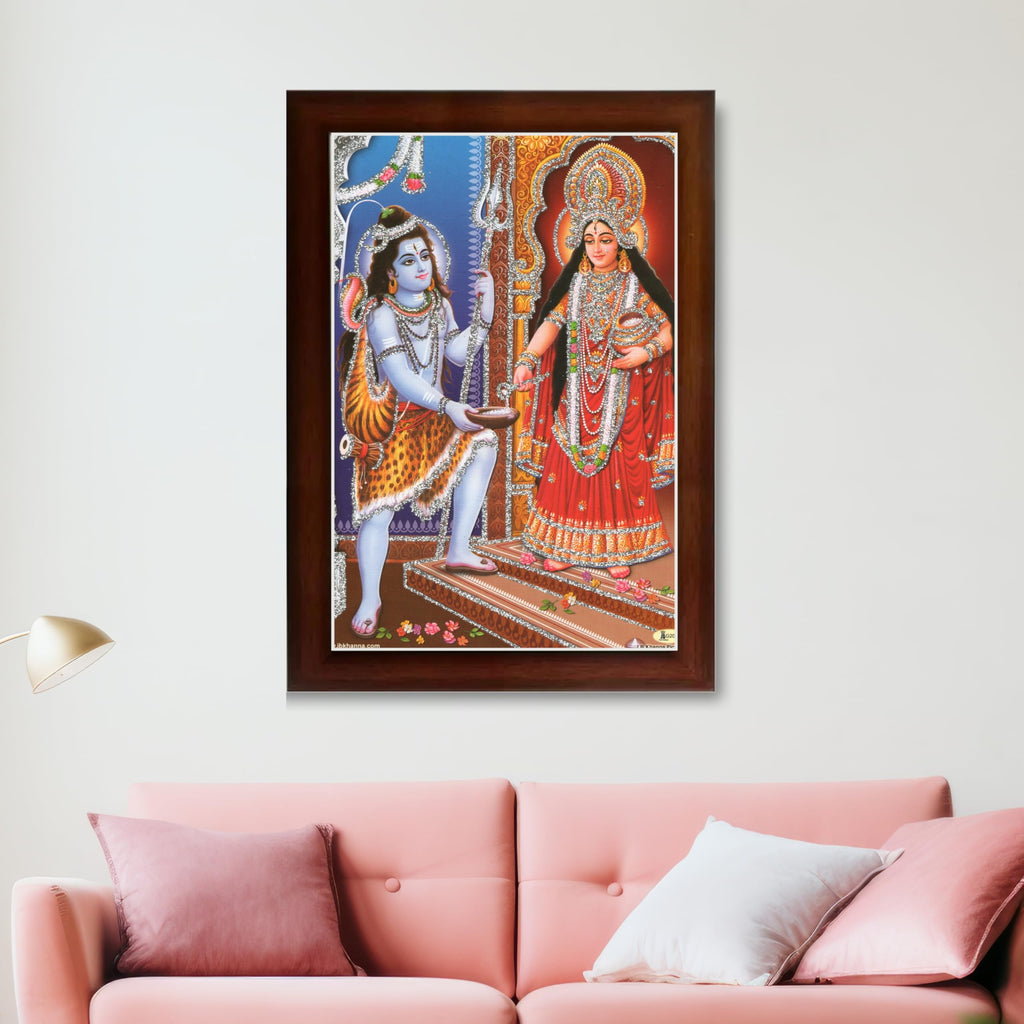 CRAFT QUEST Shiva & Maa Annapurna devi sitting on throne photo frame with Acrylic Glass for Kitchen Worship