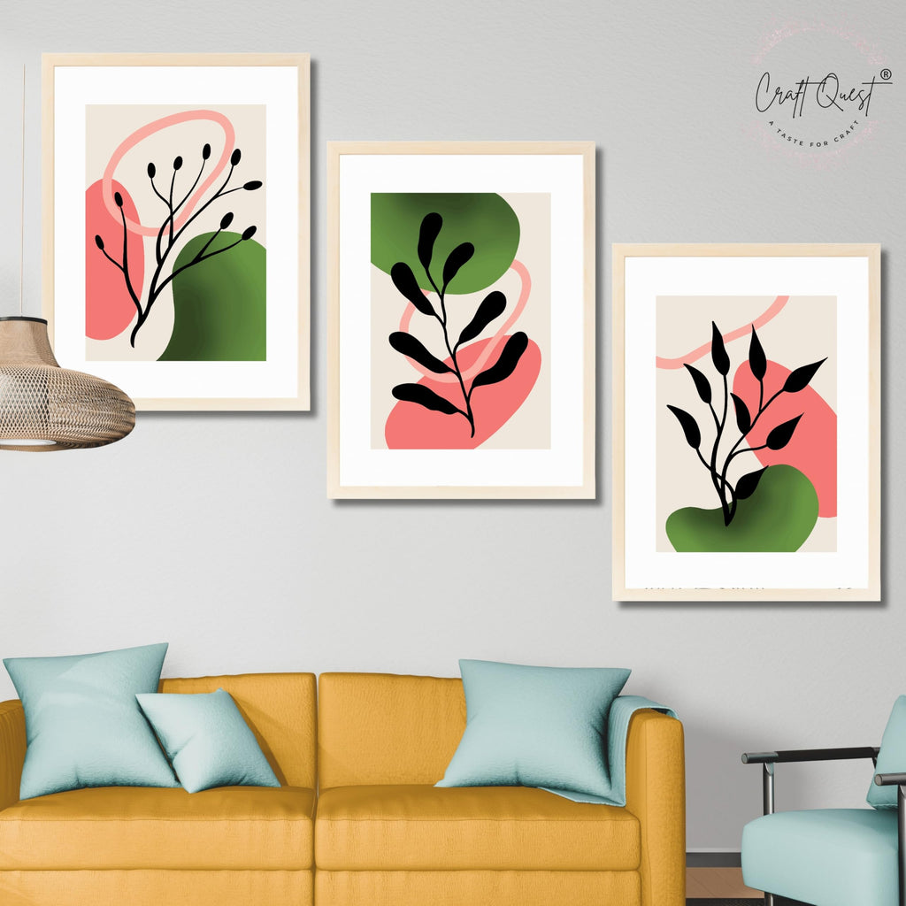 CRAFT QUEST Nature Inspired Abstract Shape & Leaf Wall Art | Set of 3 Frames for Home Decoration | Ideal for Living Room, Bedroom & Offices
