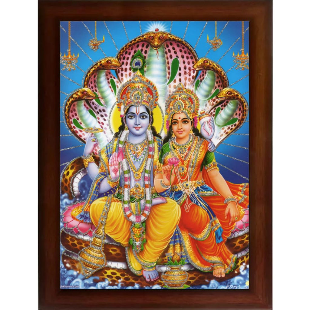 Craft Quest Lord Vishnu and Goddess Lakshmi Giving Blessing on shesh Naag, Glitter Work Painting with Brown Frame (14 X 10 Inches, Brown Wood)