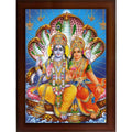 Craft Quest Lord Vishnu and Goddess Lakshmi Giving Blessing on shesh Naag, Glitter Work Painting with Brown Frame (14 X 10 Inches, Brown Wood)