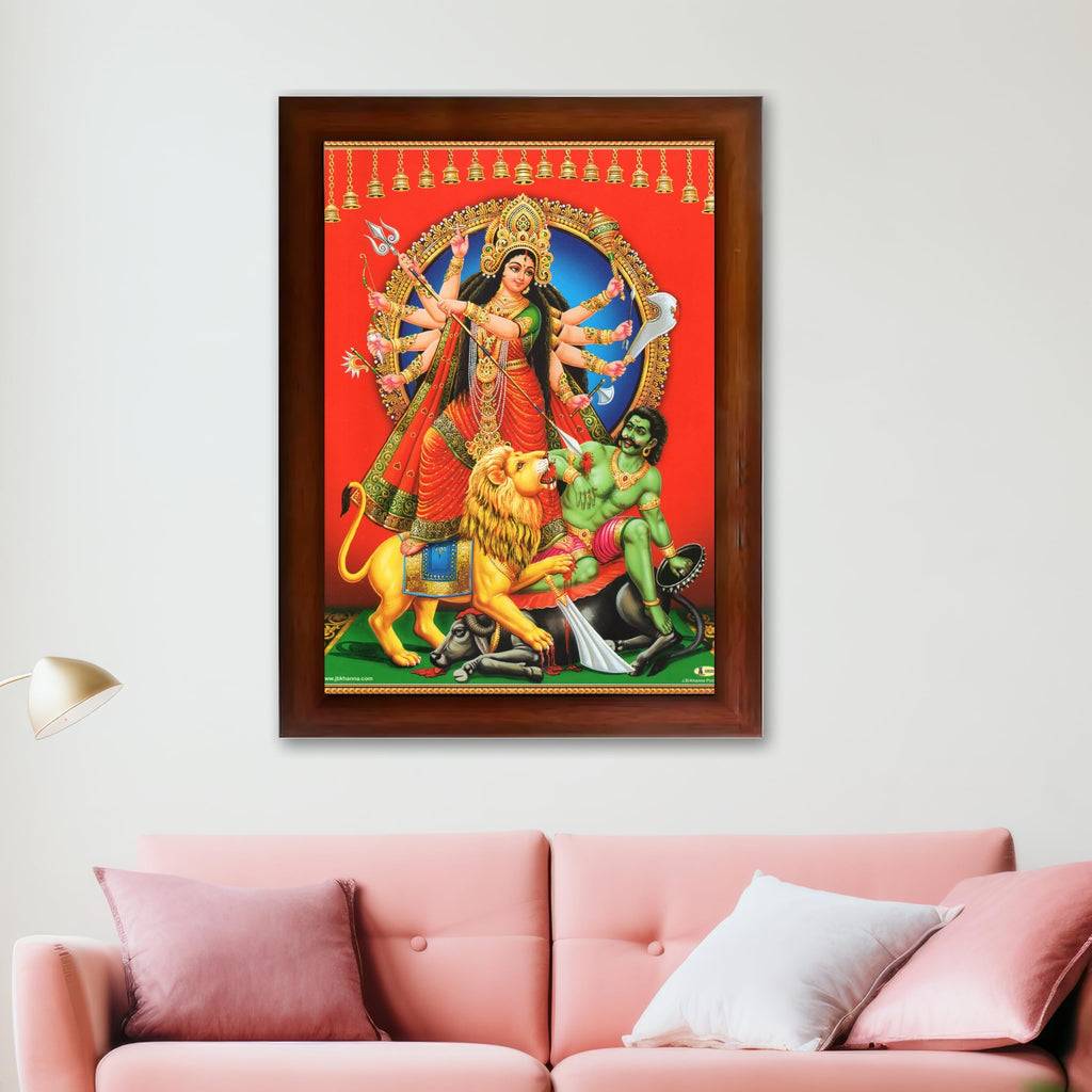 CRAFT QUEST Durga mata Mahishasura Mardini | Mahisasur Mardhini Durga Wall Painting Framed, Religious Photo Frame With Acrylic Glass