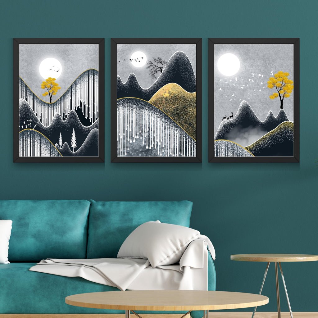 CRAFT QUEST Abstract Art Geometric Figures Decorative Murals | Set of 3 Frames for Home Decoration | Ideal for Living Room, Bedroom & Offices