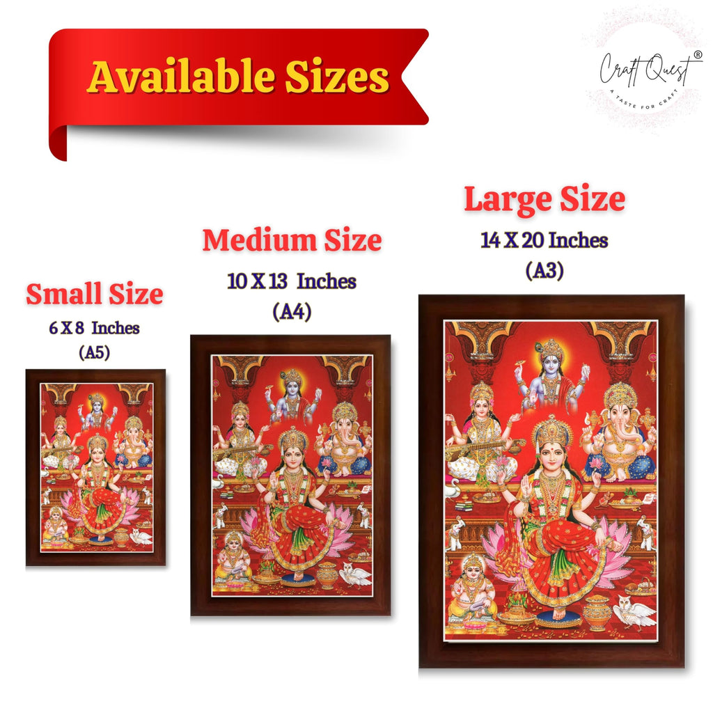 CRAFT QUEST Lakshmi Devi Ganesha Saraswati Ganesh ji Hanging Wall Painting Framed Home and Pooja Decor Hindu Bhagwan Devi Devta Photo Frame