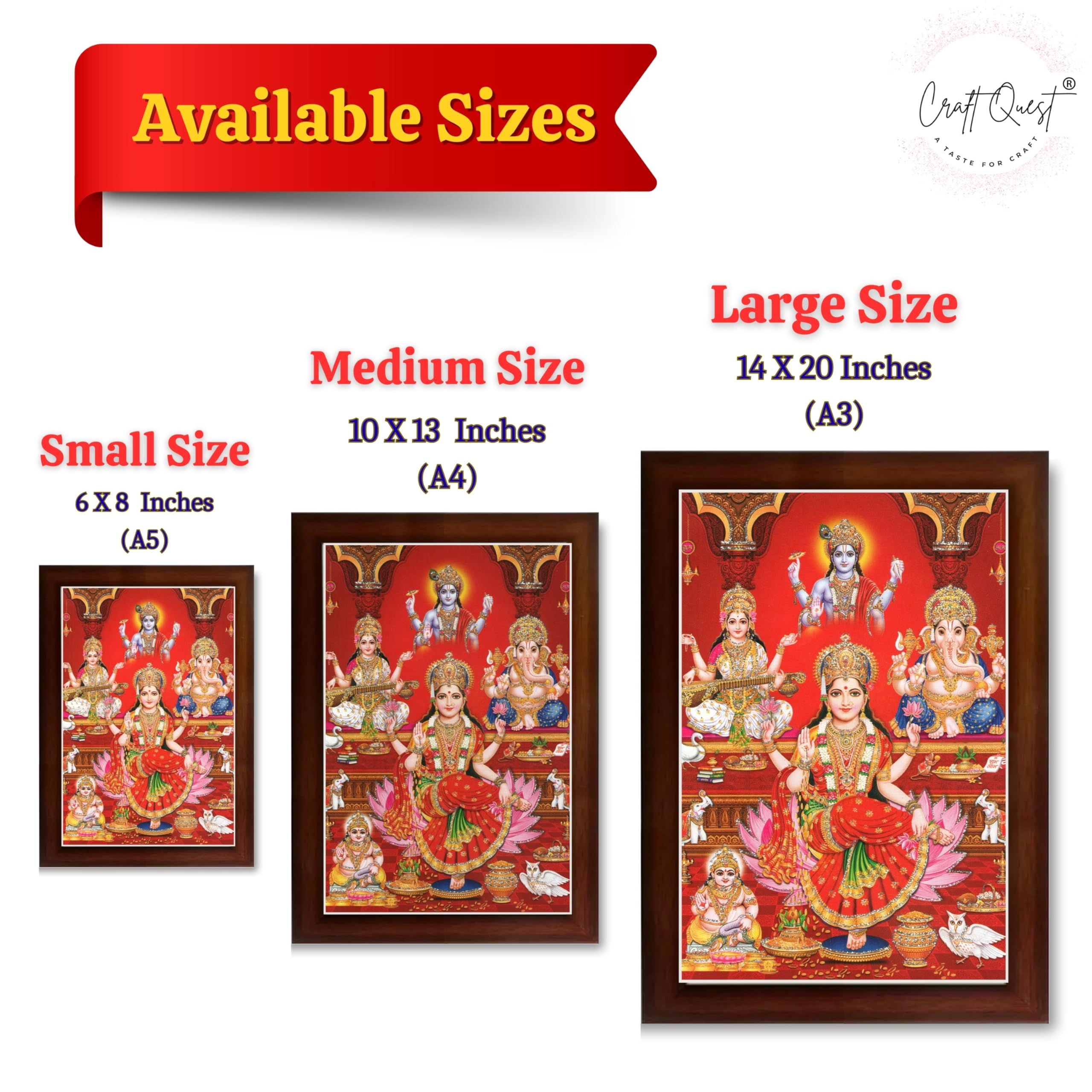 CRAFT QUEST Lakshmi Devi Ganesha Saraswati Ganesh ji Hanging Wall Painting Framed Home and Pooja Decor Hindu Bhagwan Devi Devta Photo Frame