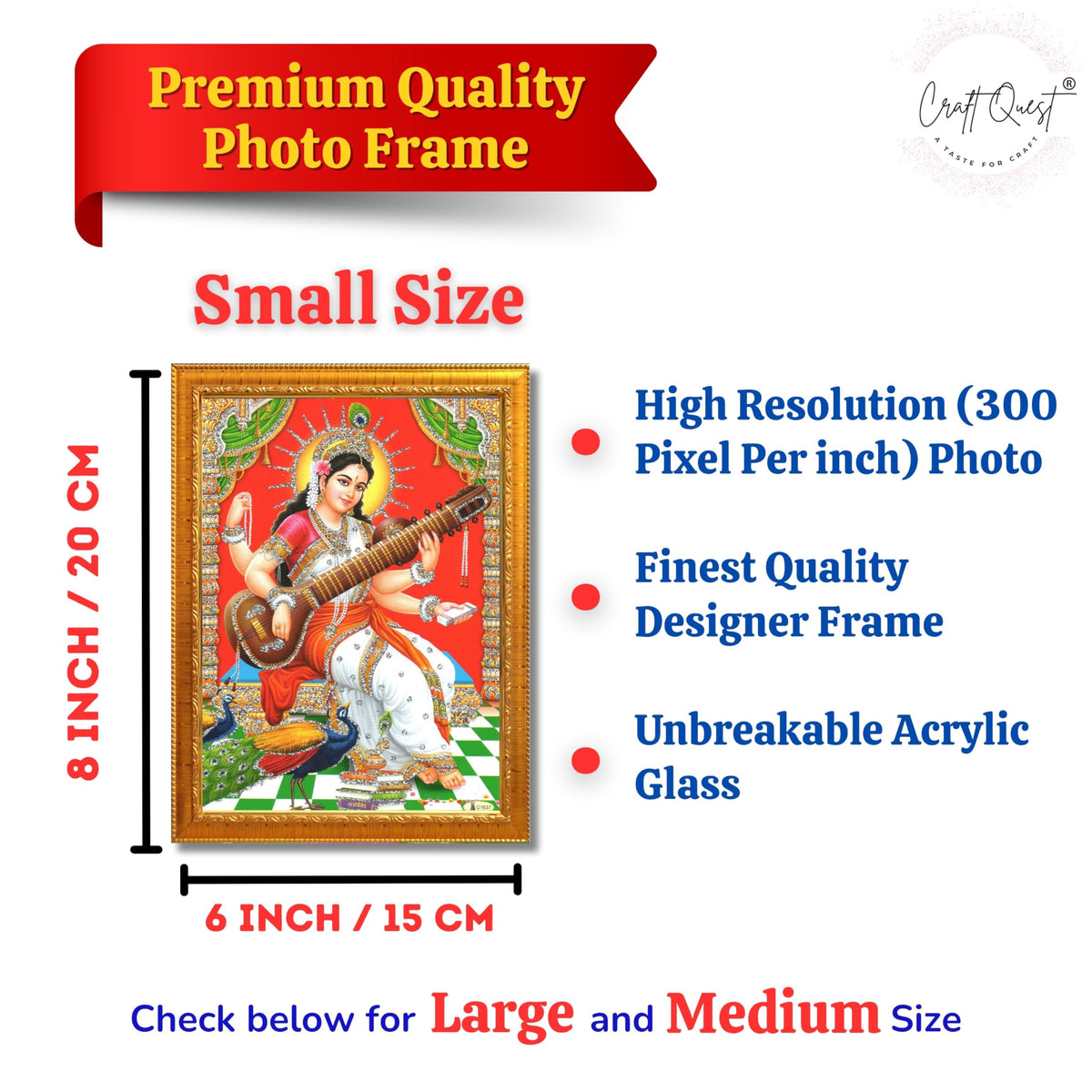 CRAFT QUEST Saraswati Devi Goddess Saraswati Maa Wall Painting Framed Home Decor wooden frame