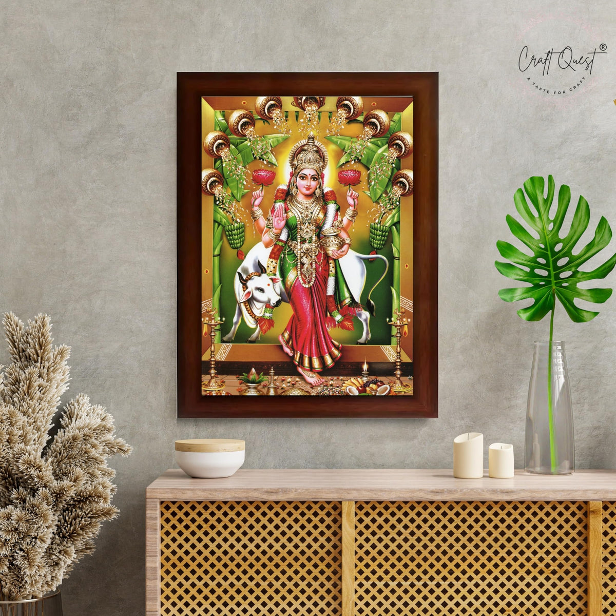 CRAFT QUEST Goddess Lakshmi Mata Vaibhav Laxmi Wall Painting Photo Framed | Acrylic Glass, Lightweight | Ideal for Home, Office, Temple & Puja Room, Wall Decor