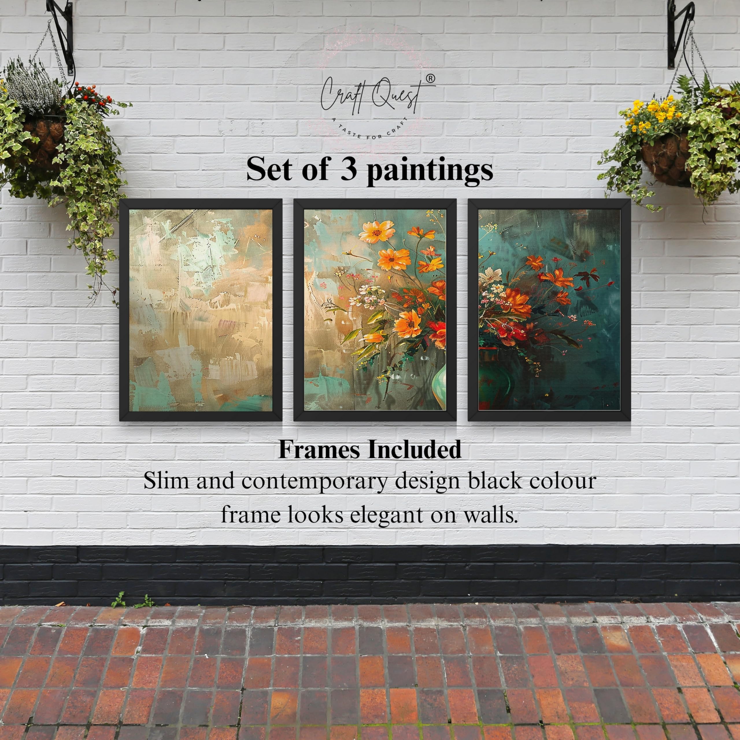 CRAFT QUEST Nature Inspired Paintings Of Flowers Wall Art | Set of 3 Frames for Home Decoration | Ideal for Living Room, Bedroom & Office