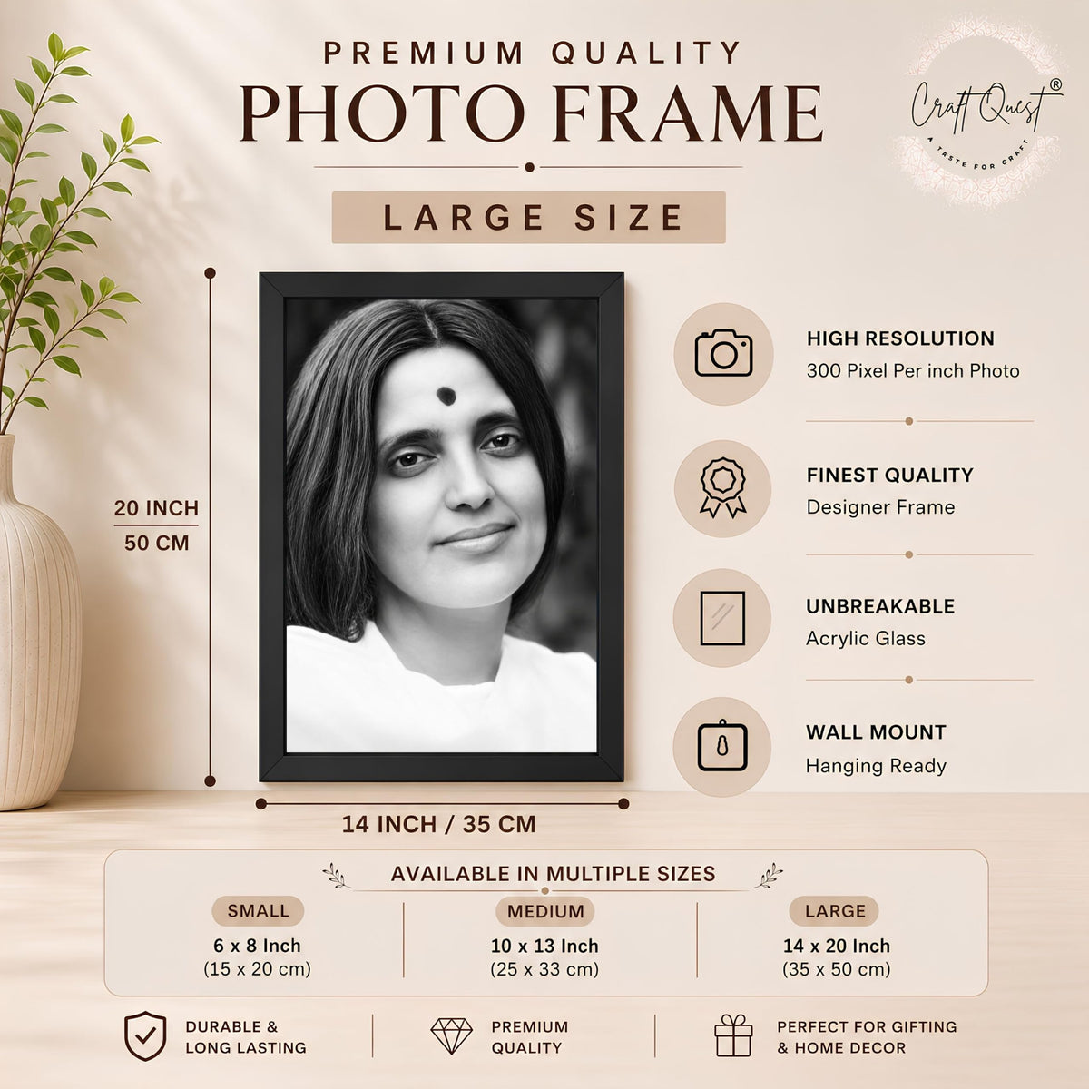 CRAFT QUEST Ma Anandamayi Devi Photo Frame for Wall | Anandamayi Maa Spiritual & Devotional Wall Art | Hindu Saint Photo for Puja Room, Meditation Room, Home & Office Décor | Religious Gift