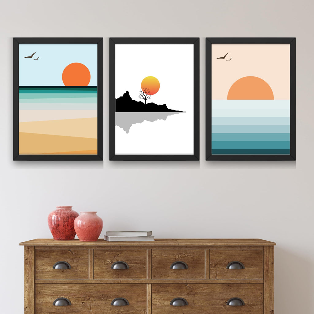 CRAFT QUEST Nature Inspired Abstract Of Sunset Wall Art | Set of 3 Frames for Home Decoration | Ideal for Living Room, Bedroom & Offices
