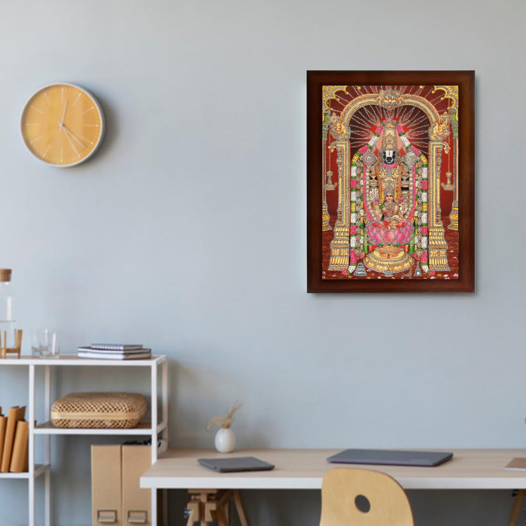 CRAFT QUEST Tirupati Balaji Lord Venkateshwara Swamy with Lakshmi ji Wall Painting Framed Home Decor (Wood,Matte,Brown,Big Size,10 X 14 Inches)