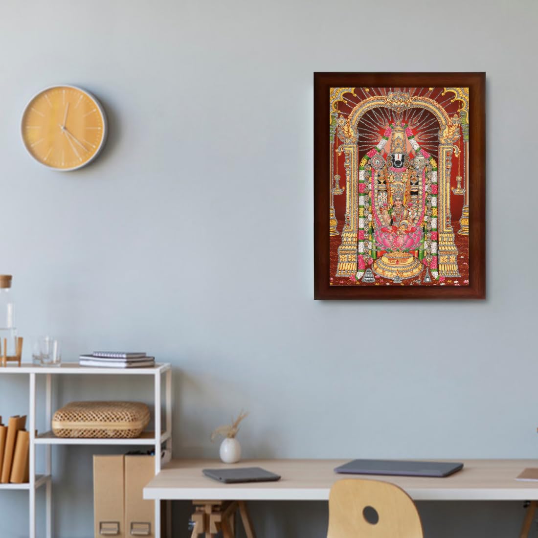 CRAFT QUEST Tirupati Balaji Lord Venkateshwara Swamy with Lakshmi ji Wall Painting Framed Home Decor (Wood,Matte,Brown,Big Size,10 X 14 Inches)
