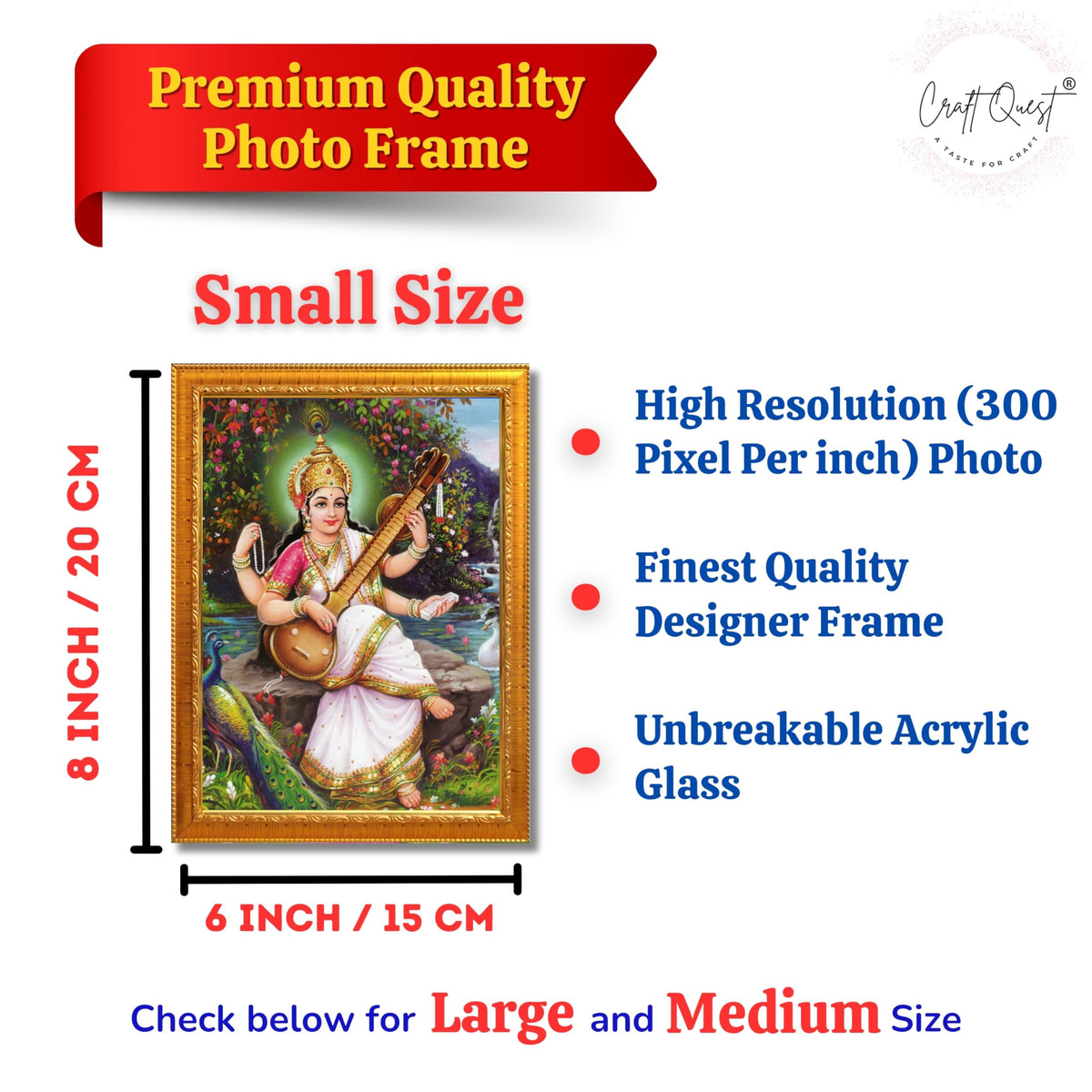 CRAFT QUEST Saraswati Devi Goddess Saraswathi Maa Wall Painting Framed Home Décor Synthetic wooden Framed