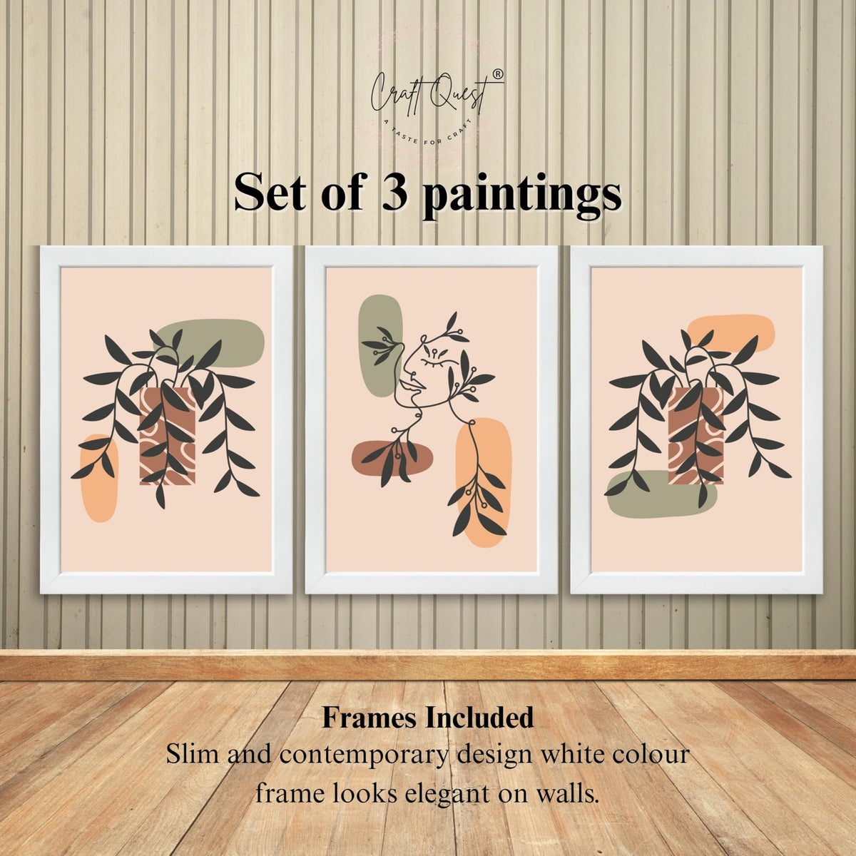CRAFT QUEST Wall Art Decor Paintings | Set of 3 BOHO Wall Art Frames for Home Decoratio | Ideal for Living Room, Offices & Bedroom