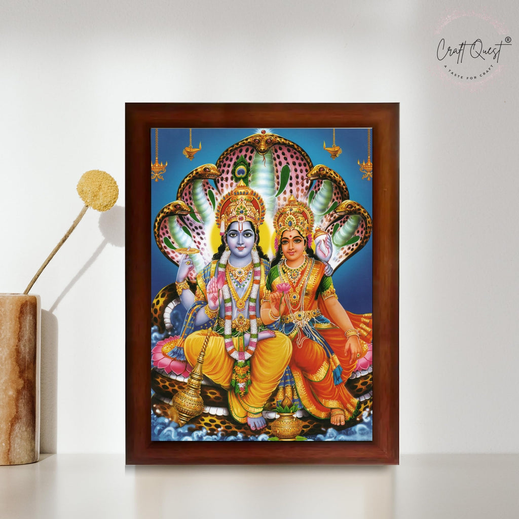 CRAFT QUEST Laxmi Narayan Laxmi Vishnu Dev Lakshmi Devi Ji Wall Painting Framed Home Decor, Religious Photo Frame