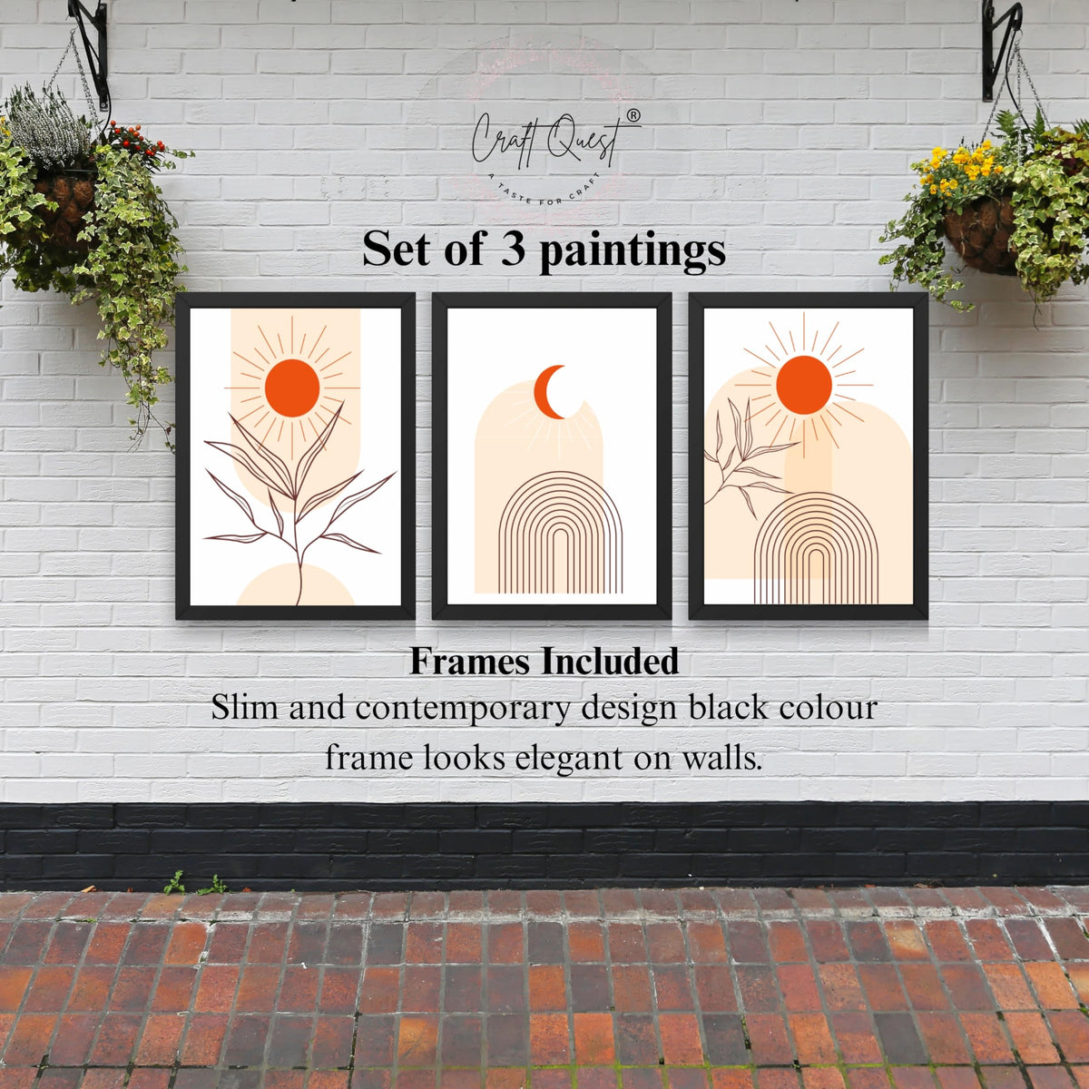 CRAFT QUEST Wall Art Decor Paintings | Set of 3 BOHO Wall Art Frames for Home Decoration | Ideal for Living Room, Bedroom & Office