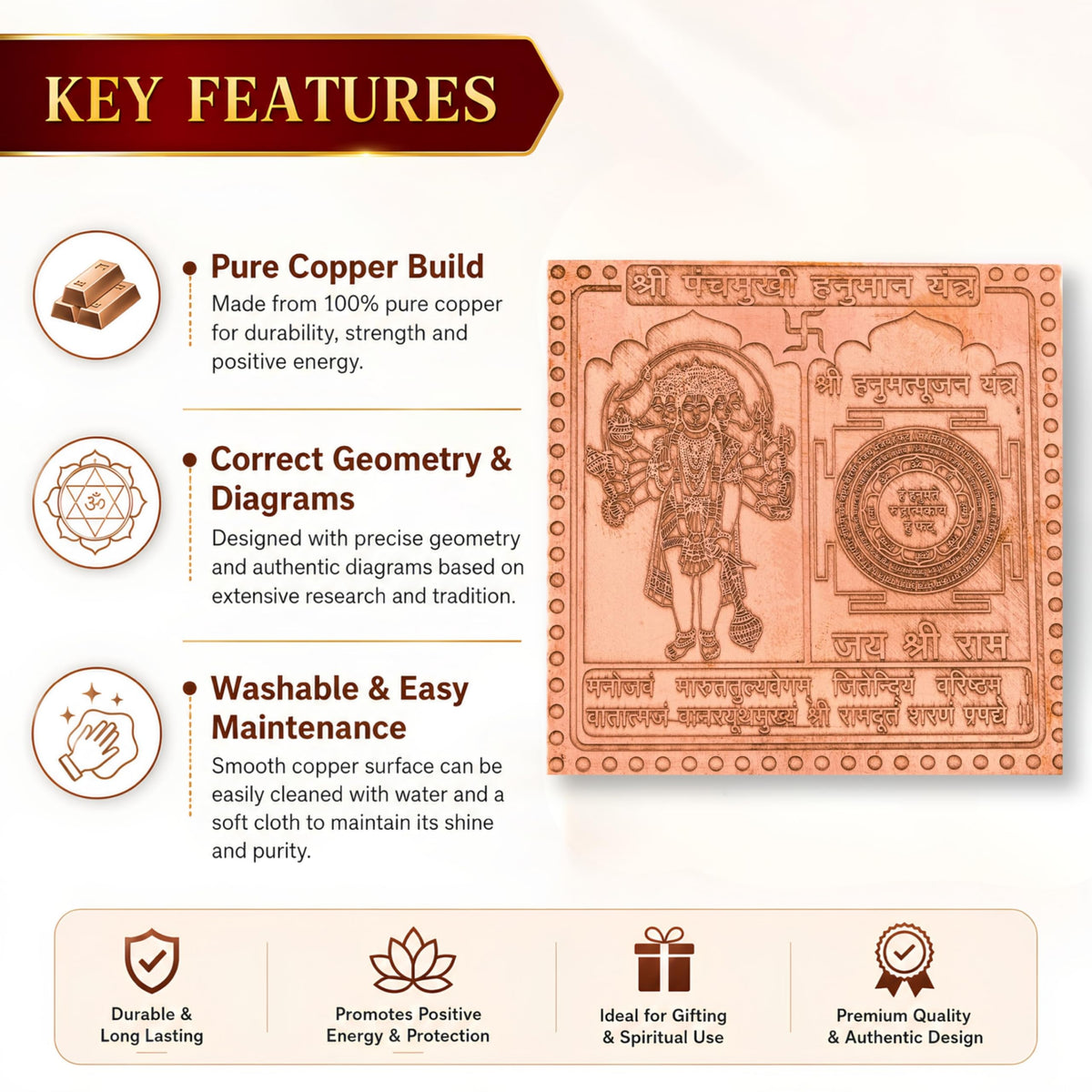 CRAFT QUEST Shri Panchmukhi Hanuman Yantra Orignal - Copper - (3 X 3 inches, Brown)