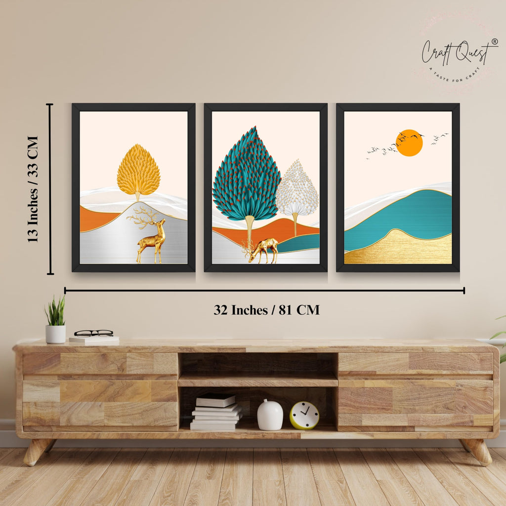 CRAFT QUEST Modern Art Landscapes Sanlian Adornment Abstract Wall Art | Set of 3 Frames for Home Decoration | Ideal for Living Room, Bedroom & Offices