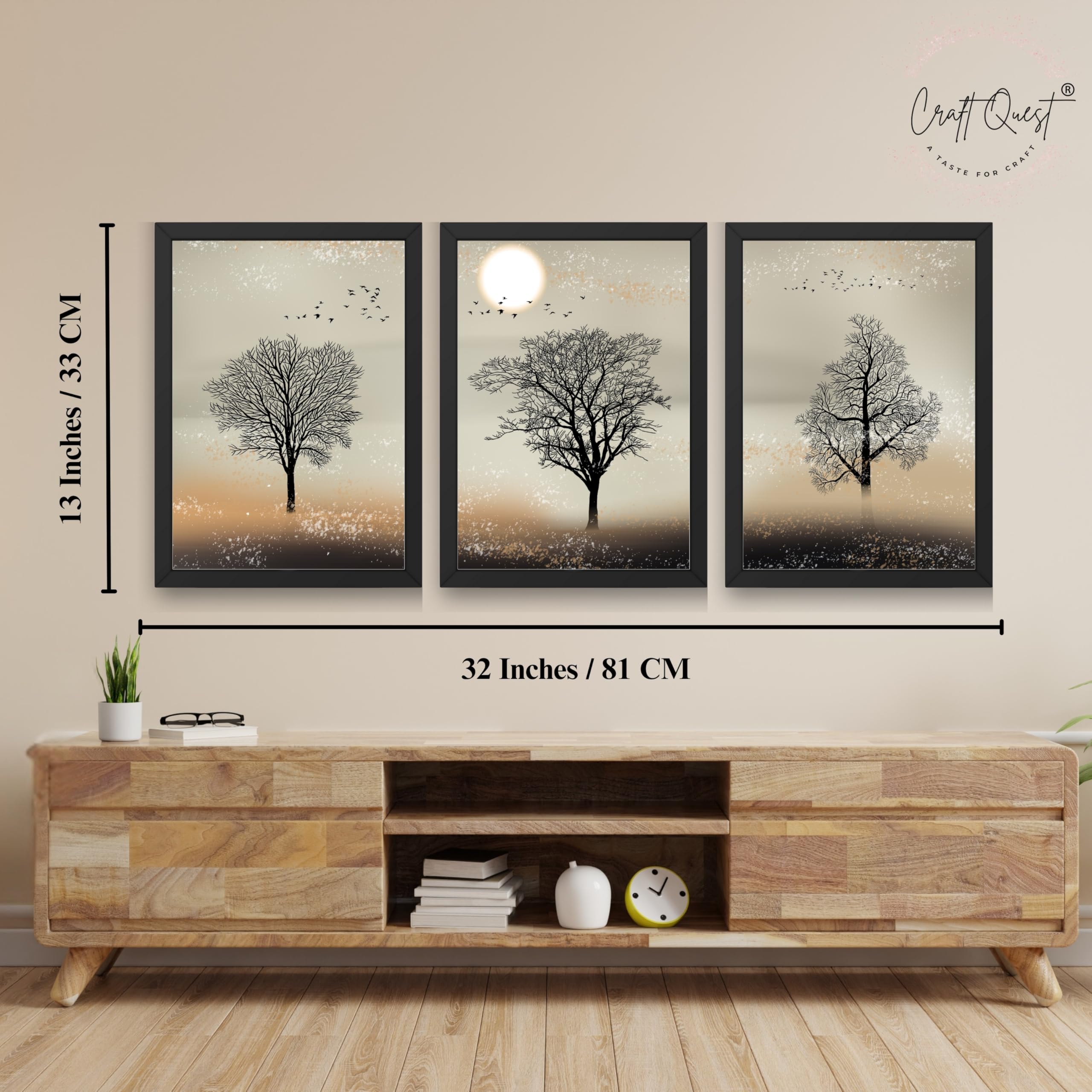 CRAFT QUEST Nature Inspired Landscape With Black Trees Modern Wall Art | Set of 3 Frames for Home Decoration | Ideal for Living Room, Bedroom & Office