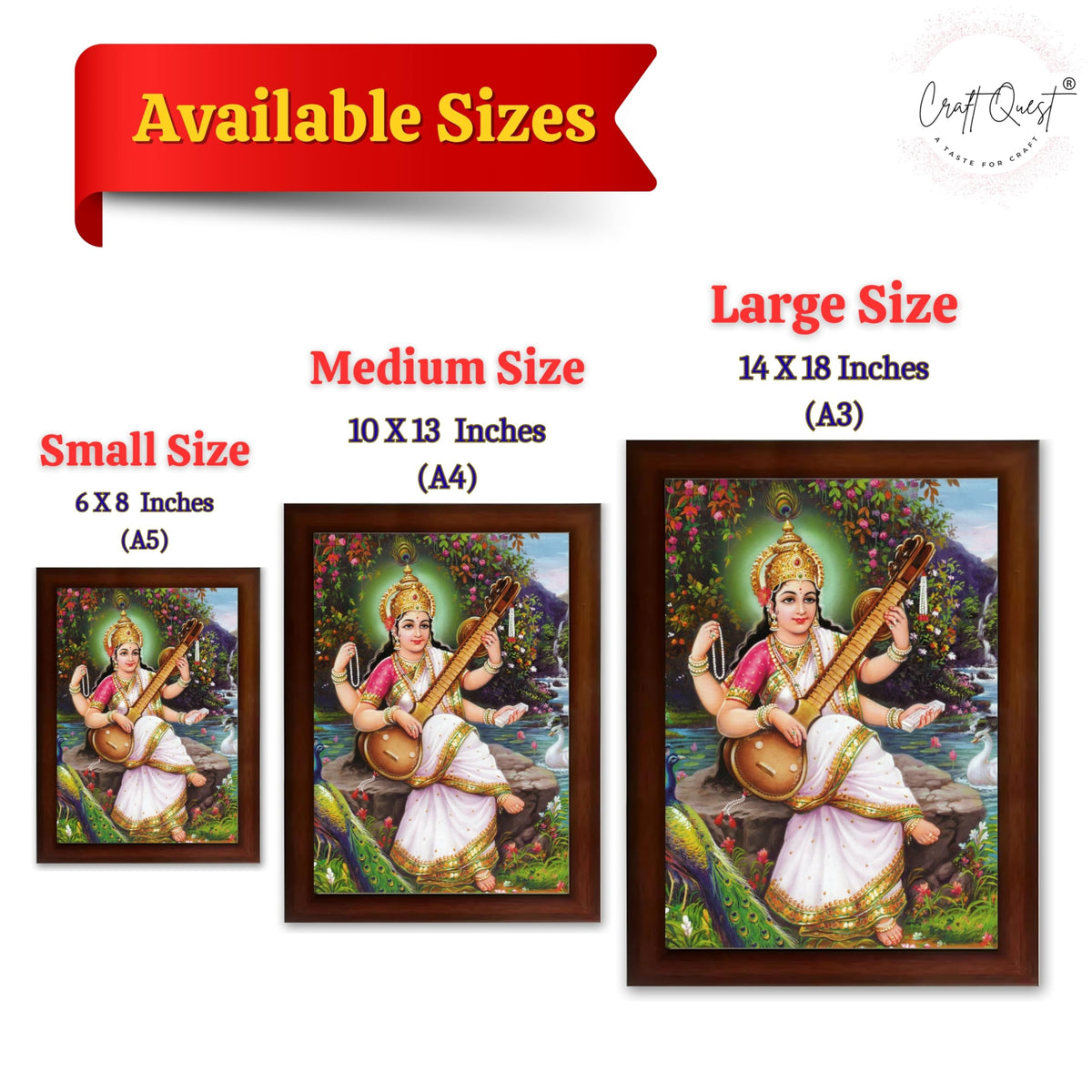 CRAFT QUEST Saraswati Devi Goddess Saraswathi Maa Wall Painting Framed Home Décor Synthetic wooden Framed