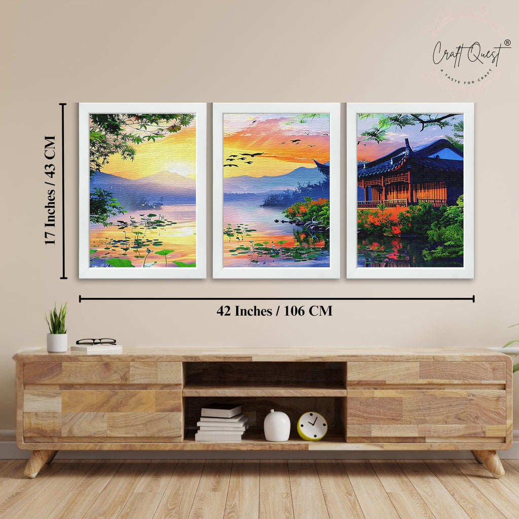 CRAFT QUEST Modern Art Of Sunset Wall Art | Set of 3 Frames for Home Decoration | Ideal for Living Room, Bedroom & Offices