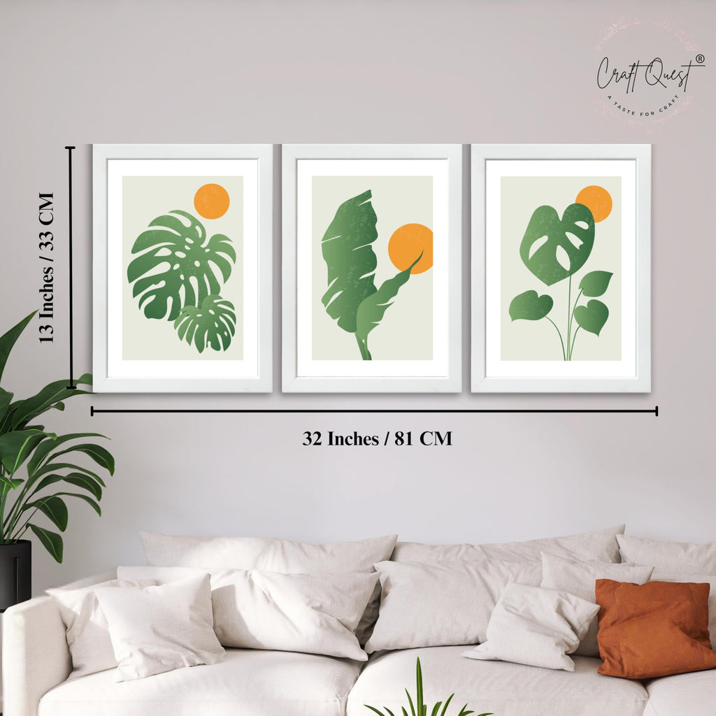 CRAFT QUEST Nature Inspired Abstract Gradient Tropical Leaf Wall Art | Set of 3 Frames for Home Decoration | Ideal for Living Room, Bedroom & Offices