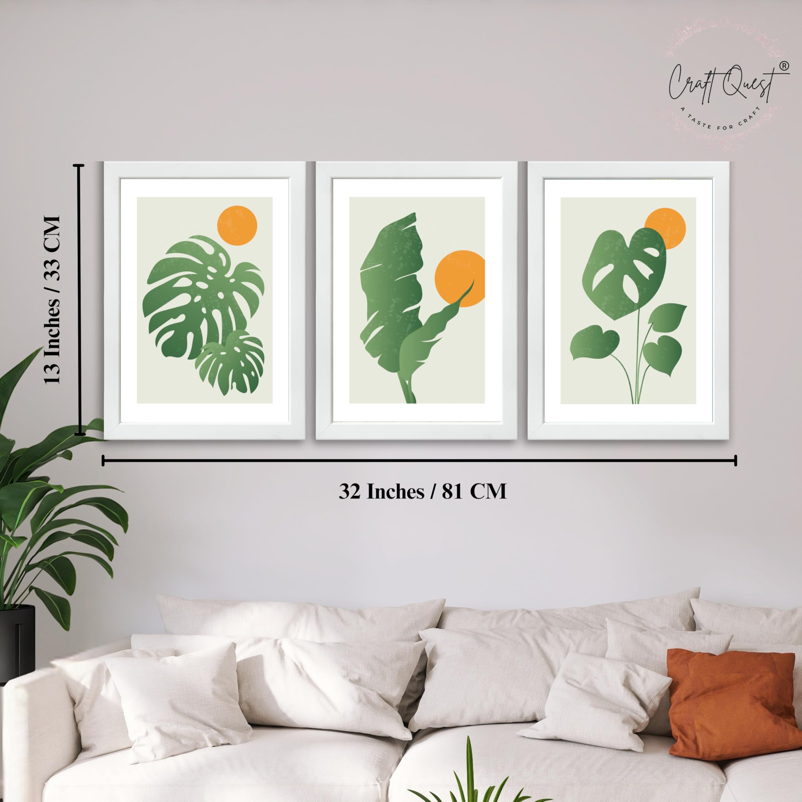 CRAFT QUEST Nature Inspired Abstract Gradient Tropical Leaf Wall Art | Set of 3 Frames for Home Decoration | Ideal for Living Room, Bedroom & Offices