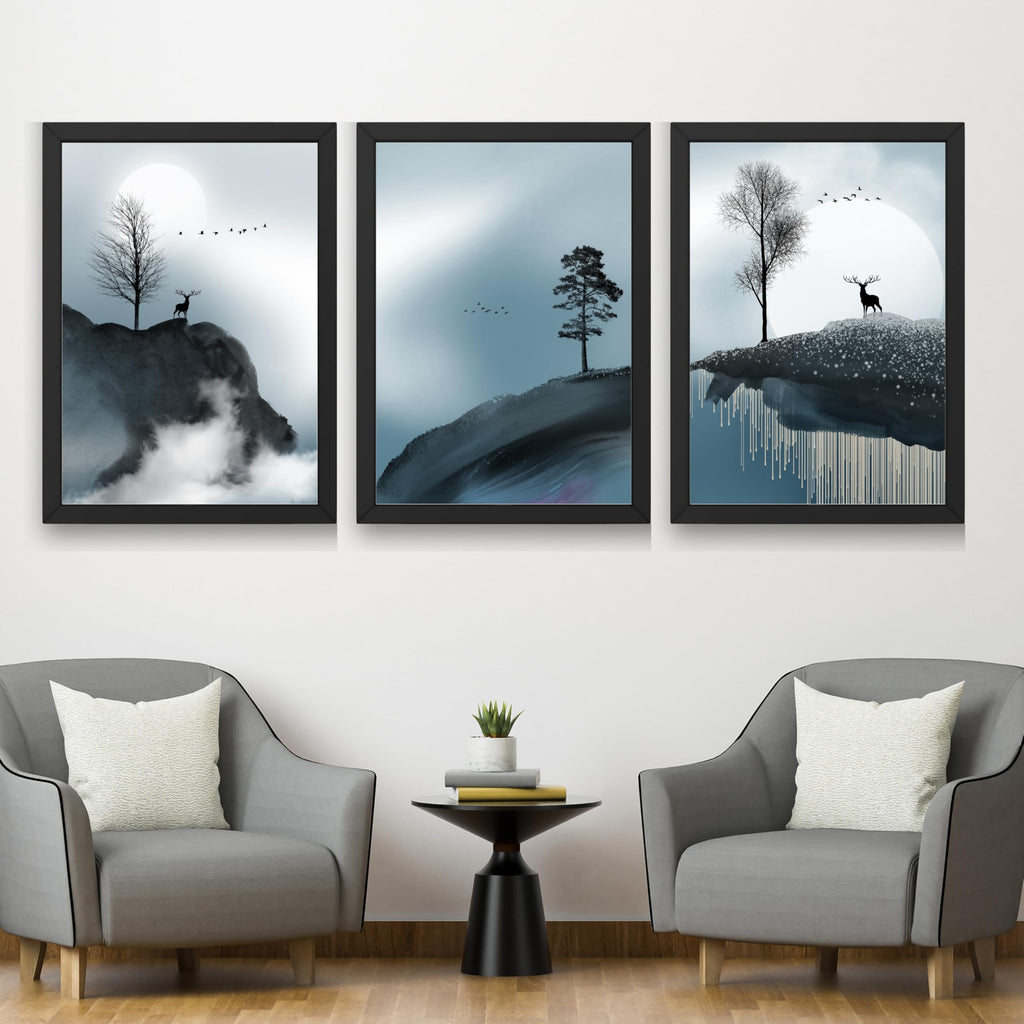 CRAFT QUEST Modern Art Geometric Ink Abstract Wall Art | Set of 3 Frames for Home Decoration | Ideal for Living Room, Bedroom & Offices