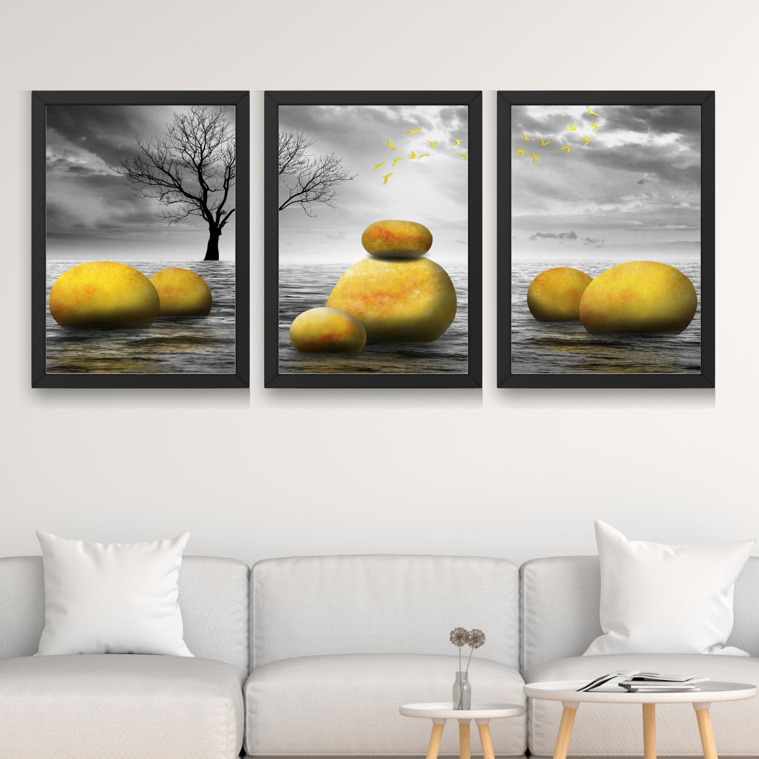 CRAFT QUEST Modern Abstract Golden Stone Art | Set of 3 Frames for Home Decoration | Ideal for Living Room, Bedroom & Offices