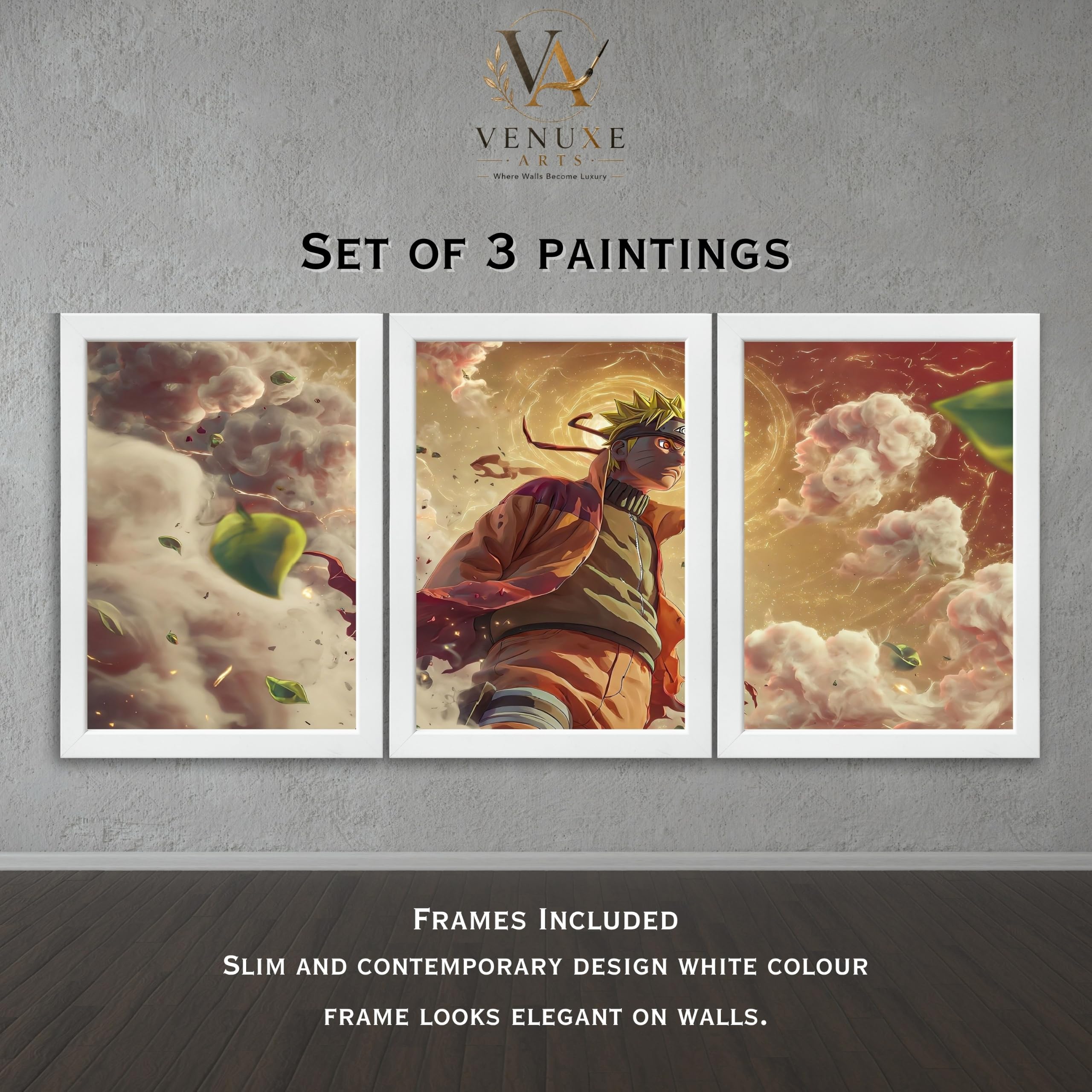 VENUXE ARTS Set Of 3 Anime Characters Wall Framed |Anime Characters Framed Poster for Living Room Bedroom Gaming Room Studio Wall Decor