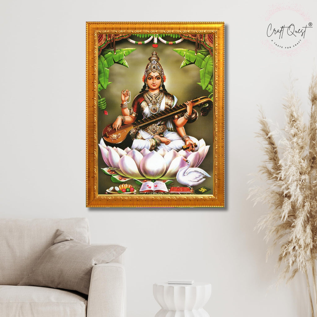 CRAFT QUEST Saraswati Devi Goddess Saraswathi Maa Photo Frame | Religious Photo Frame | Ideal for Home, Office, Temple & Puja Room, Wall Decor