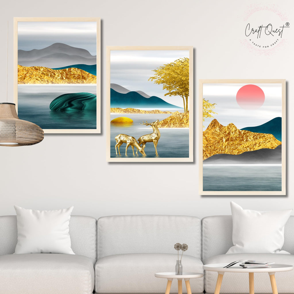 CRAFT QUEST Modern Art Landscapes Sanlian Abstract Wall Art | Set of 3 Frames for Home Decoration | Ideal for Living Room, Bedroom & Offices