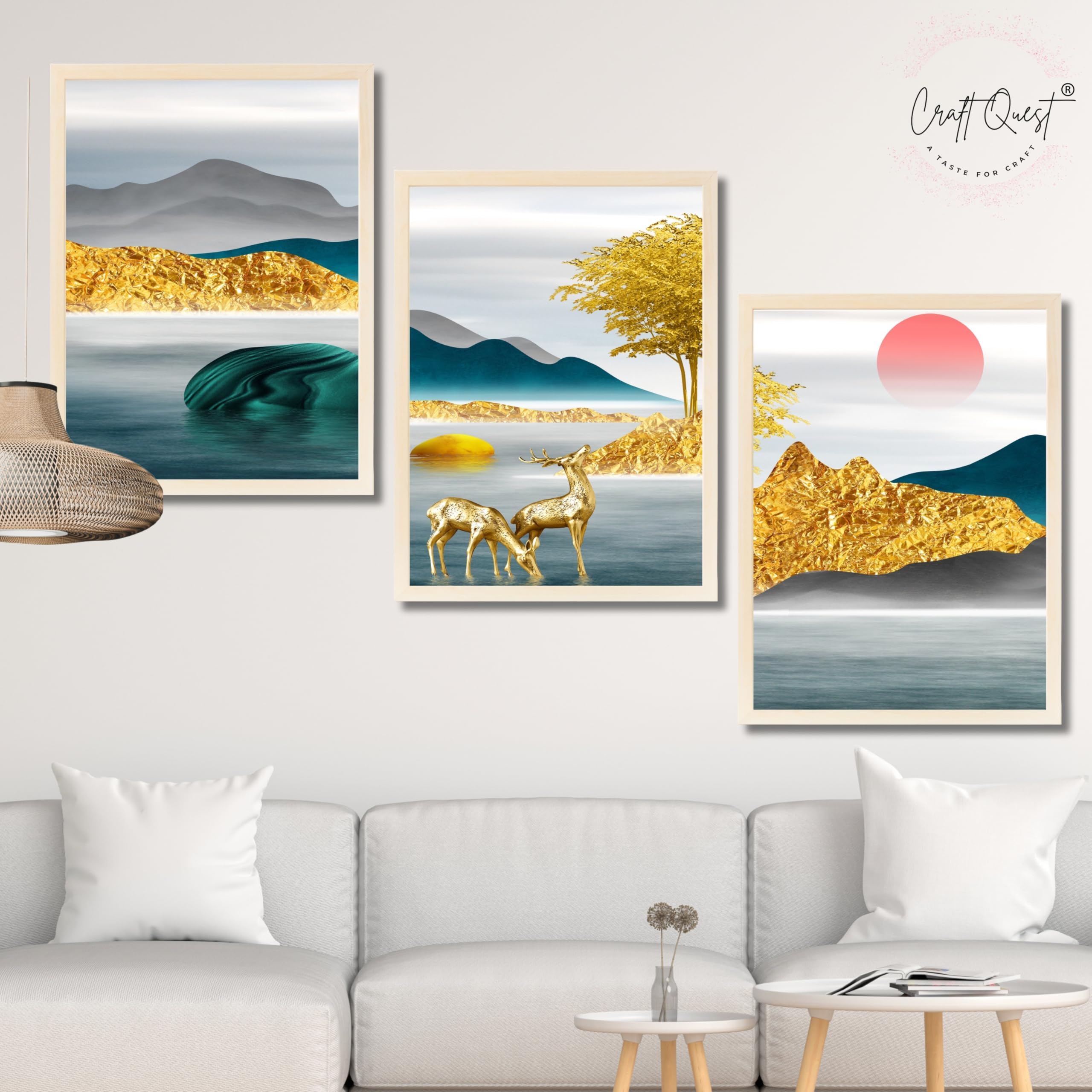CRAFT QUEST Modern Art Landscapes Sanlian Abstract Wall Art | Set of 3 Frames for Home Decoration | Ideal for Living Room, Bedroom & Offices