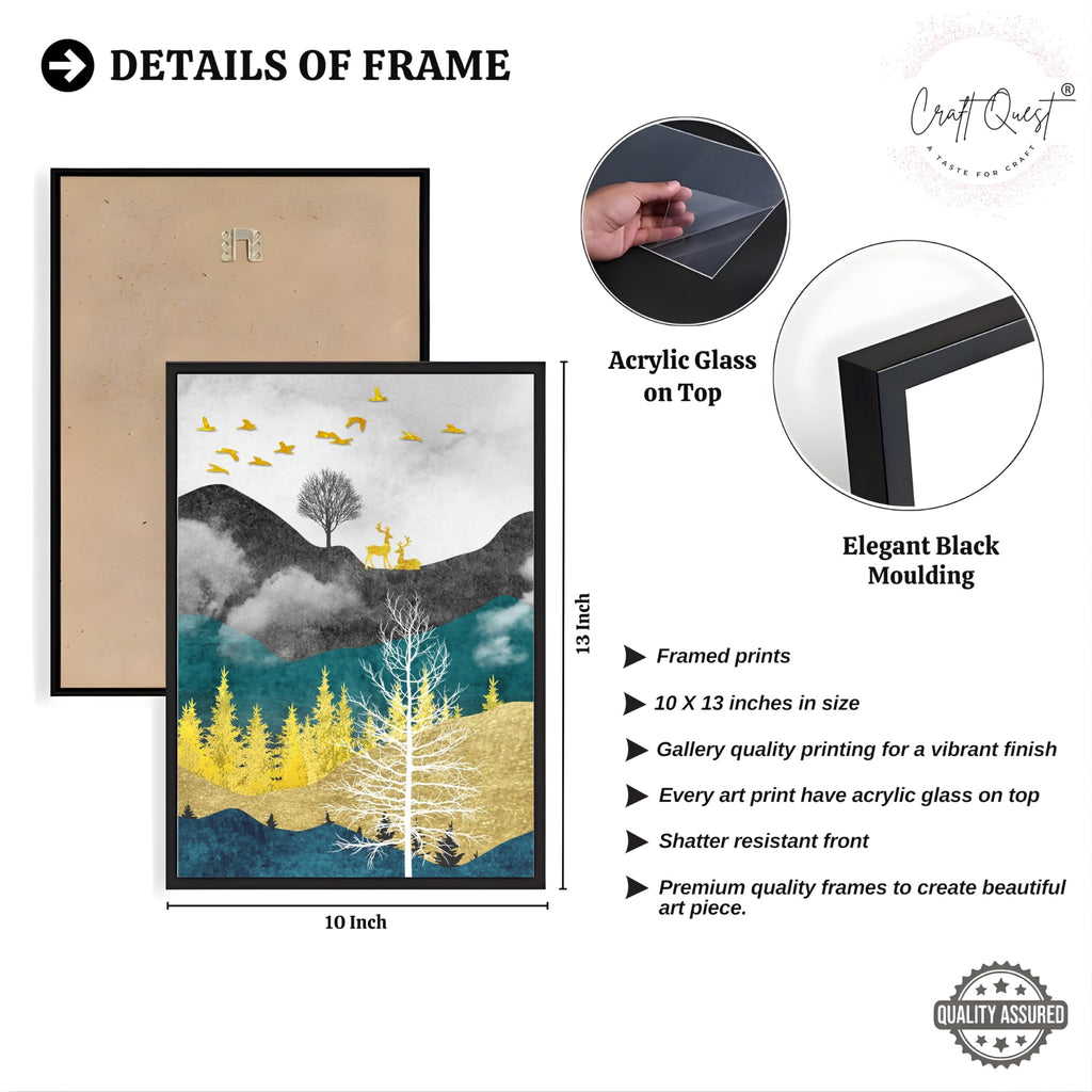 CRAFT QUEST Artistic Composed Abstract Geometric Gold Lines | Set of 3 Frames for Home Decoration | Ideal for Living Room, Bedroom & Offices
