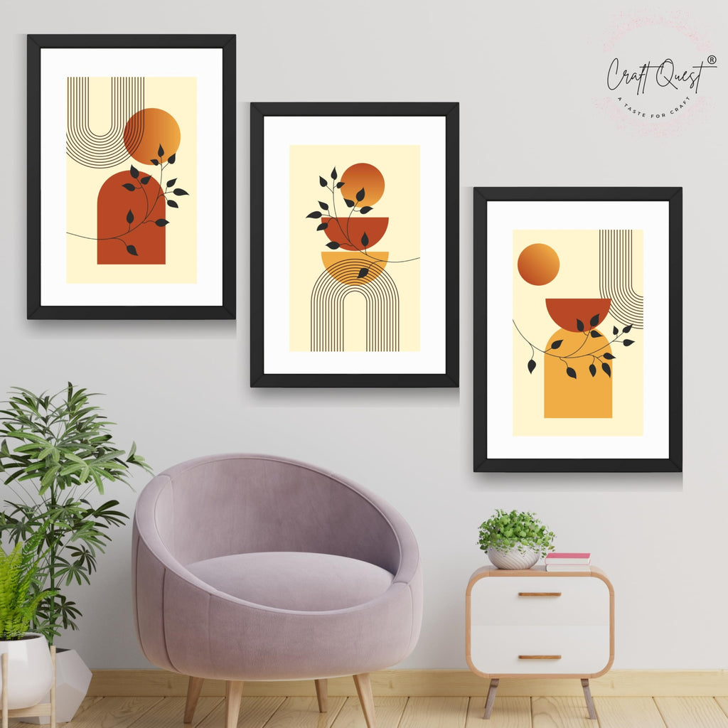 CRAFT QUEST Boho Contemporary Botanical Modern Wall Art | Set of 3 Frames for Home Decoration | Ideal for Living Room, Bedroom & Offices