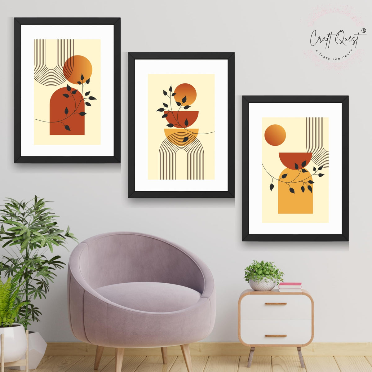 CRAFT QUEST Boho Contemporary Botanical Modern Wall Art | Set of 3 Frames for Home Decoration | Ideal for Living Room, Bedroom & Offices