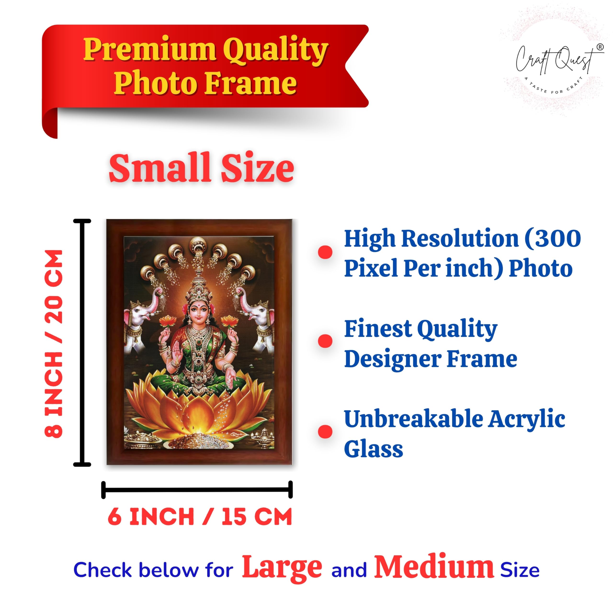 CRAFT QUEST Goddess Lakshmi Mata Wall Painting Photo Framed | Acrylic Glass, Lightweight & Waterproof | Ideal for Home, Office, Temple & Puja Room, Wall Decor