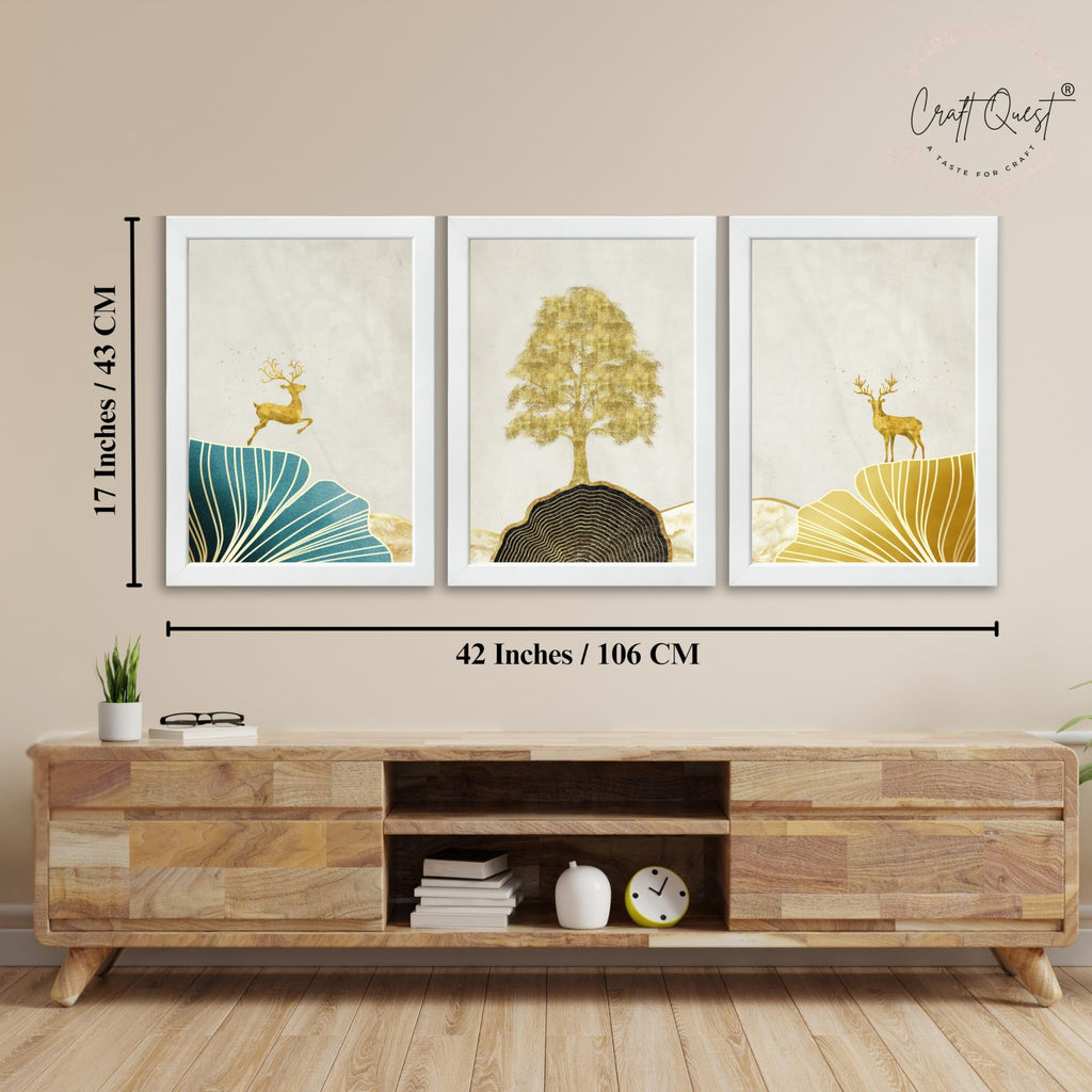 CRAFT QUEST Modern Art Landscape Of Golden Tree & Deer Wall Art | Set of 3 Frames for Home Decoration | Ideal for Living Room, Bedroom & Offices