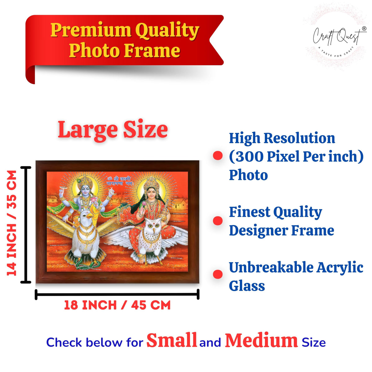 CRAFT QUEST Lord Vishnu and Goddess Lakshmi Giving Blessing on Garud Jii, Glitter Work Painting wooden frame