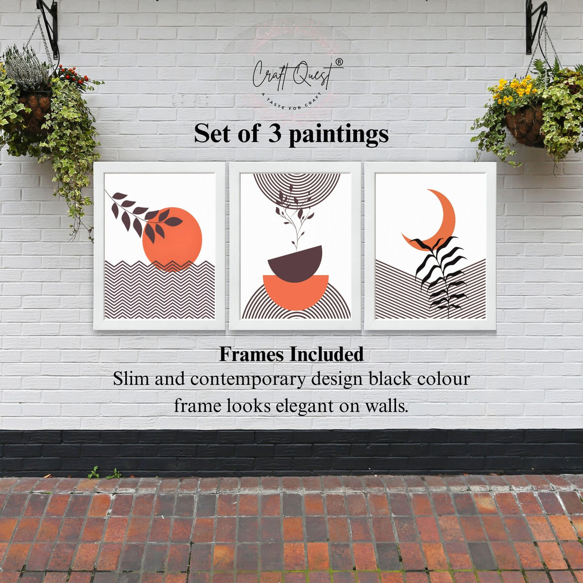 CRAFT QUEST Wall Art Decor Paintings | Set of 3 BOHO Wall Art Frames for Home Decoration | Ideal for Living Room, Bedroom & Office