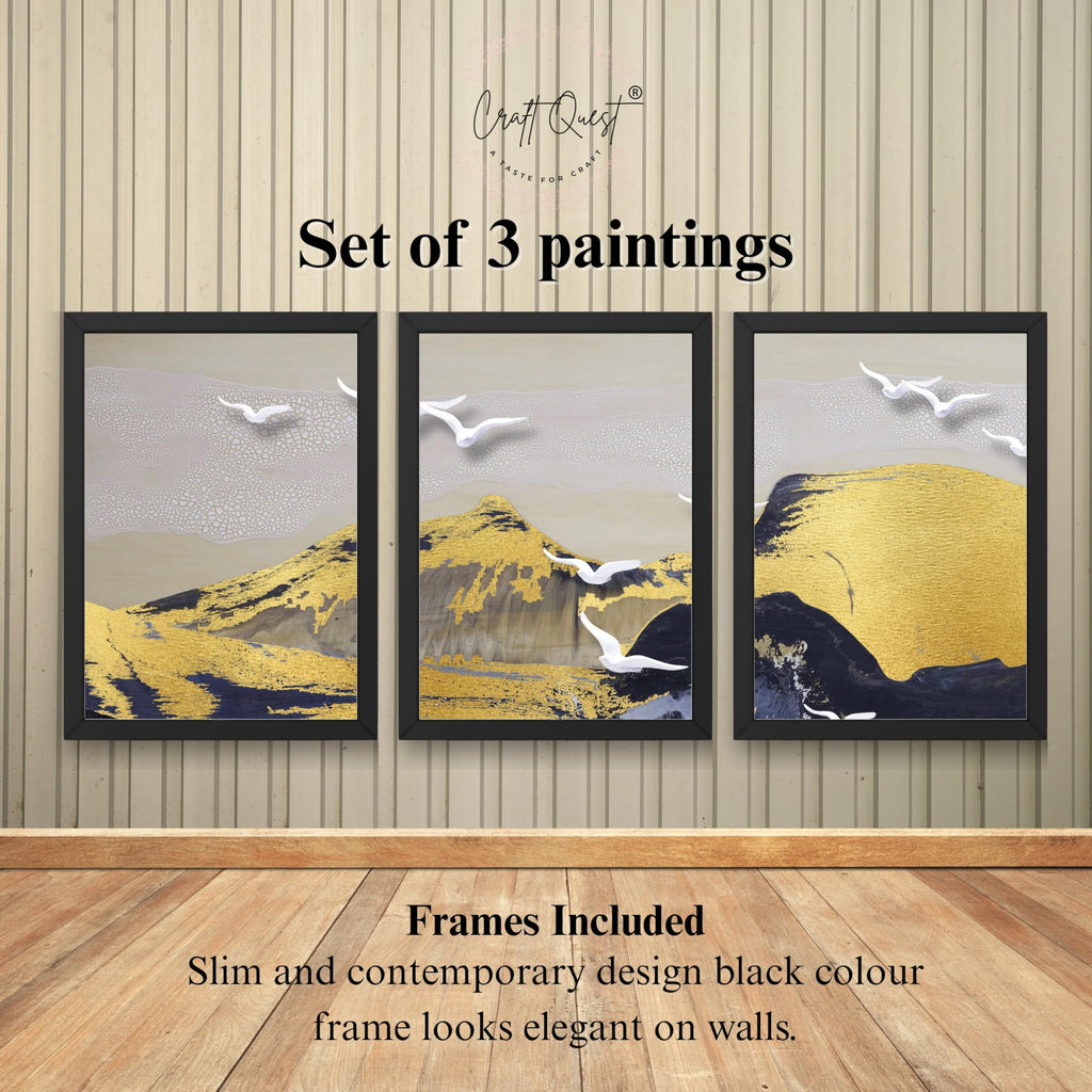 CRAFT QUEST Modern Art Abstract Porch Golden Wall Art | Set of 3 Frames for Home Decoration | Ideal for Living Room, Bedroom & Offices