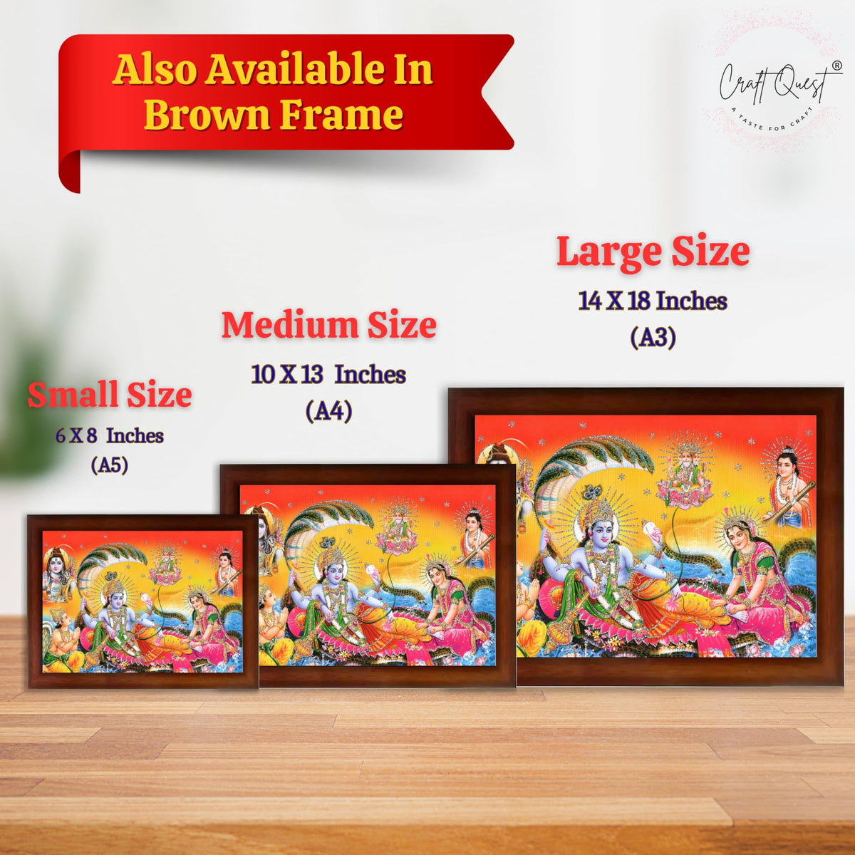 CRAFT QUEST Goddess Lakshmi pressing legs of lord Vishnu on Shesh naag, Glitter Work Painting wooden frame