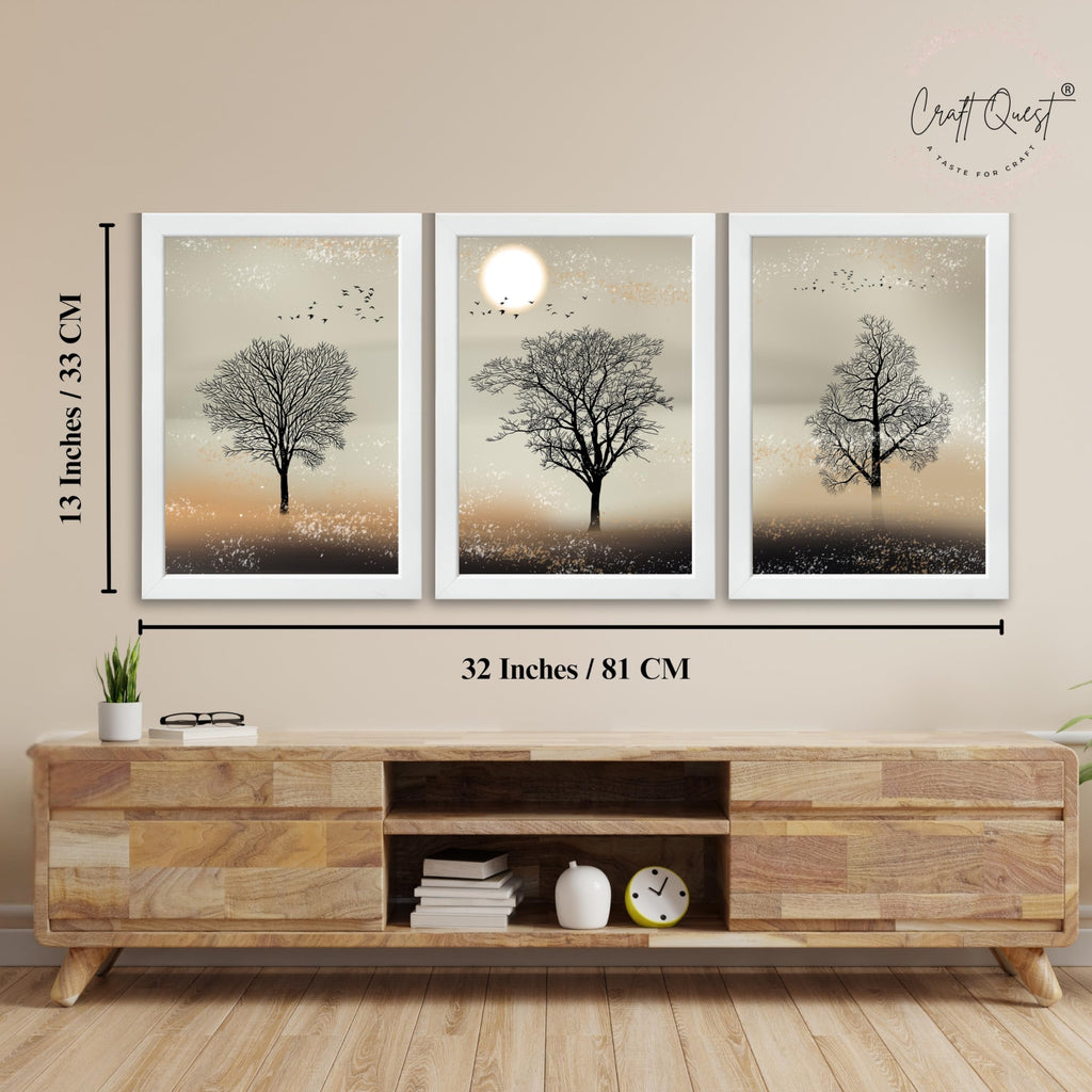 CRAFT QUEST Nature Inspired Landscape With Black Trees Modern Wall Art | Set of 3 Frames for Home Decoration | Ideal for Living Room, Bedroom & Office