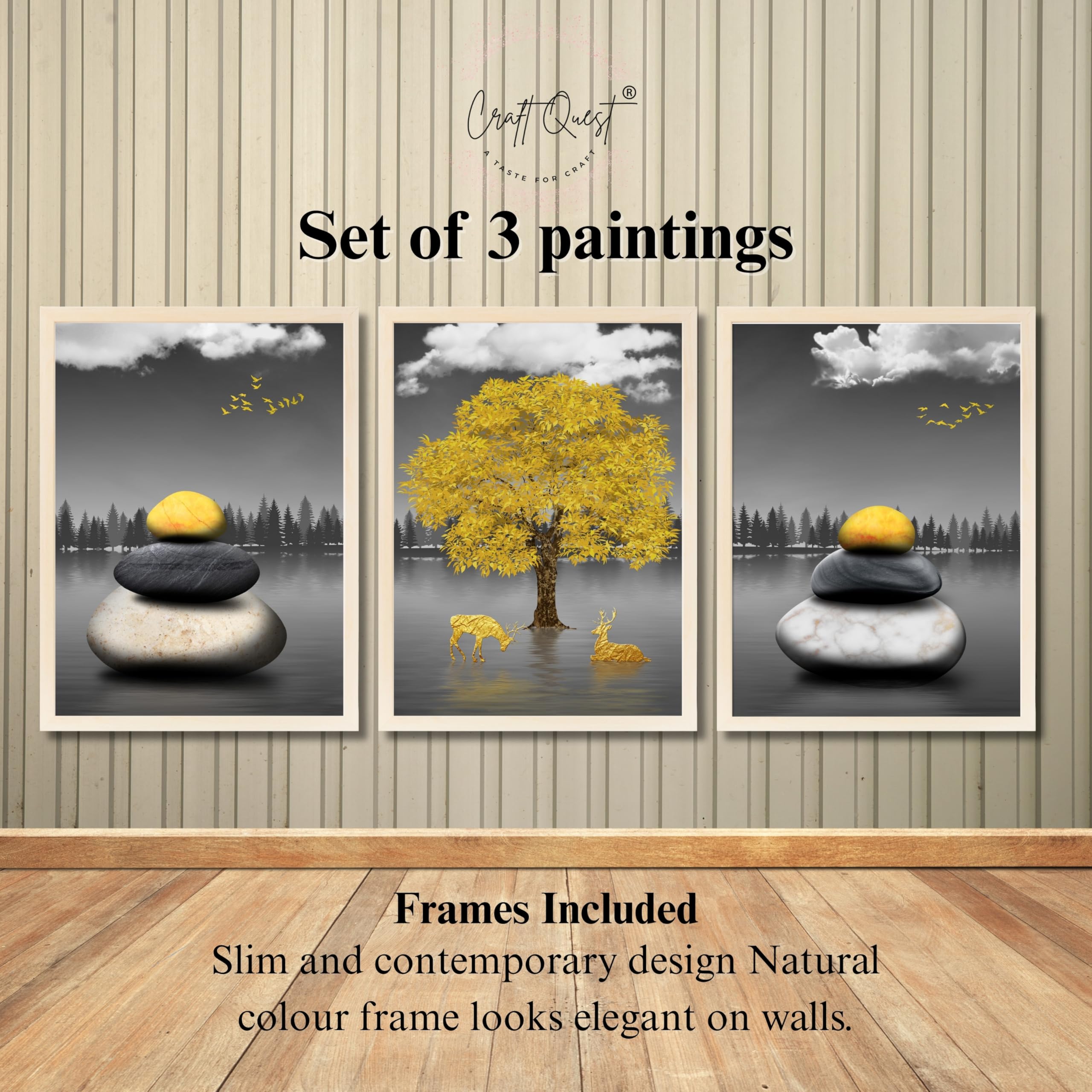 CRAFT QUEST Modern Art Geometric Landscapes Wall Art | Set of 3 Frames for Home Decoration | Ideal for Living Room, Bedroom & Offices