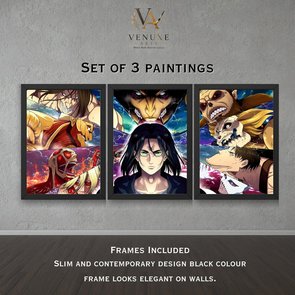 VENUXE ARTS Set Of 3 Anime Characters Wall Framed |Anime Characters Framed Poster for Living Room Bedroom Gaming Room Studio Wall Decor